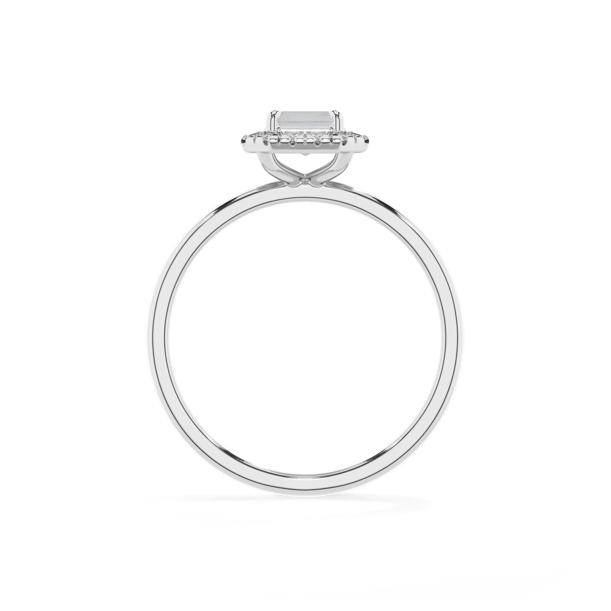 natural rainbow-moonstone emerald cut solitaire rings in white gold
