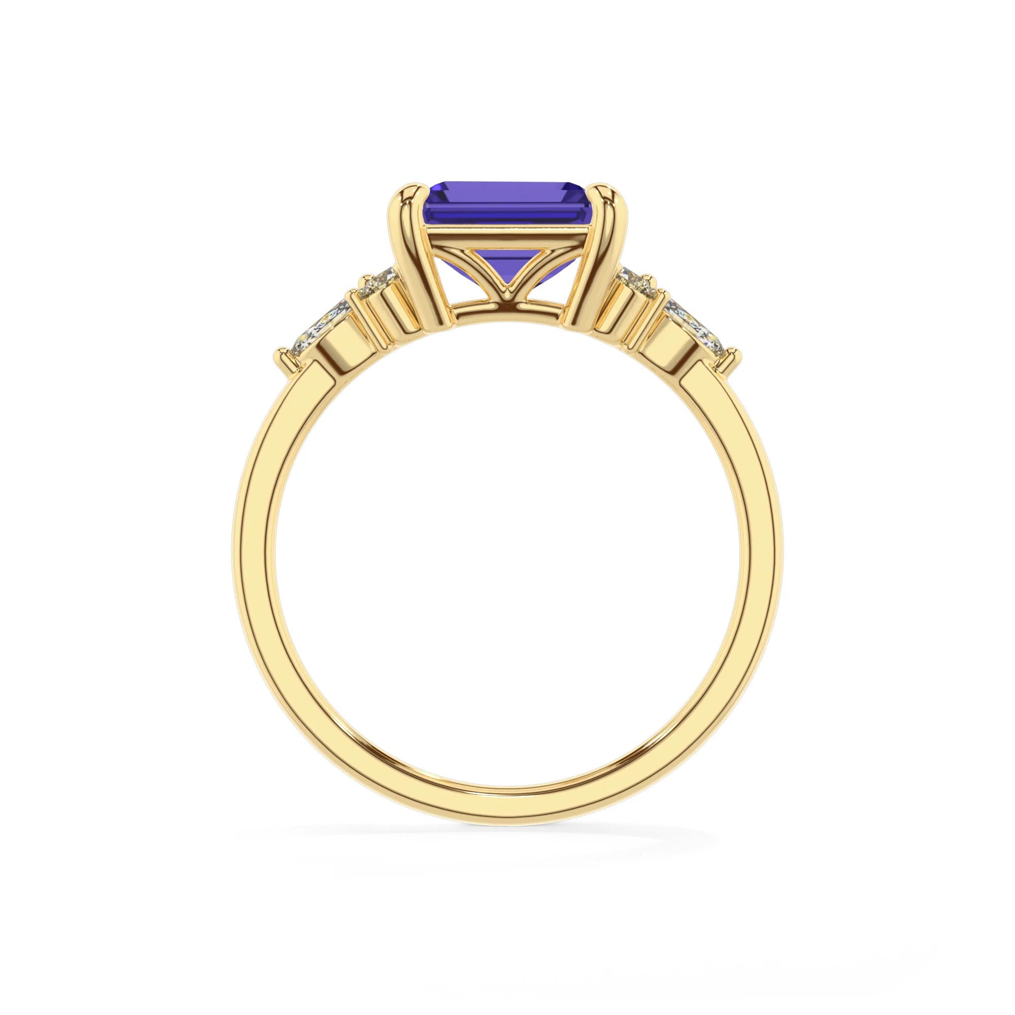 lab grown tanzanite emerald cut solitaire rings in yellow gold