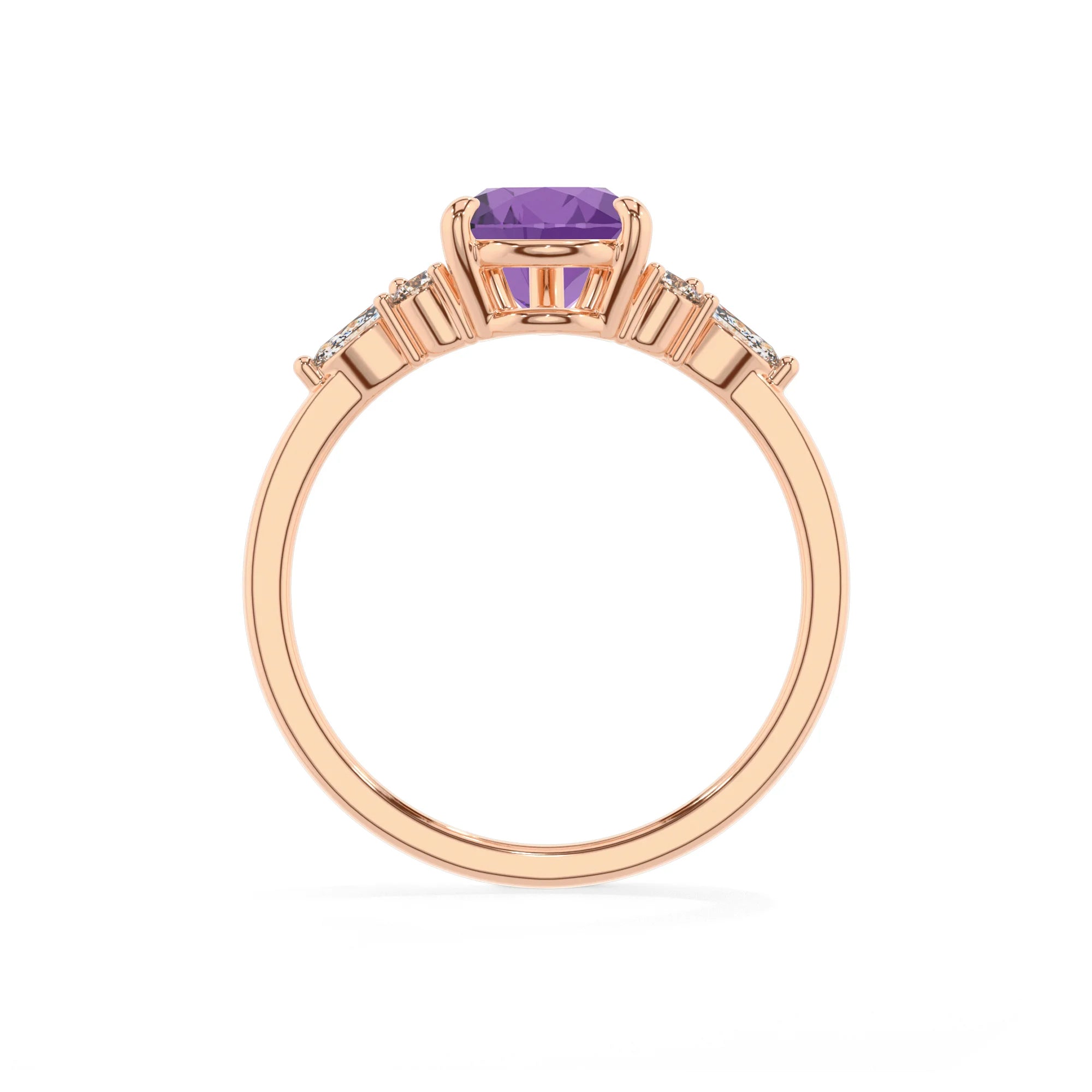 lab grown amethyst pear solitaire rings in rose gold
