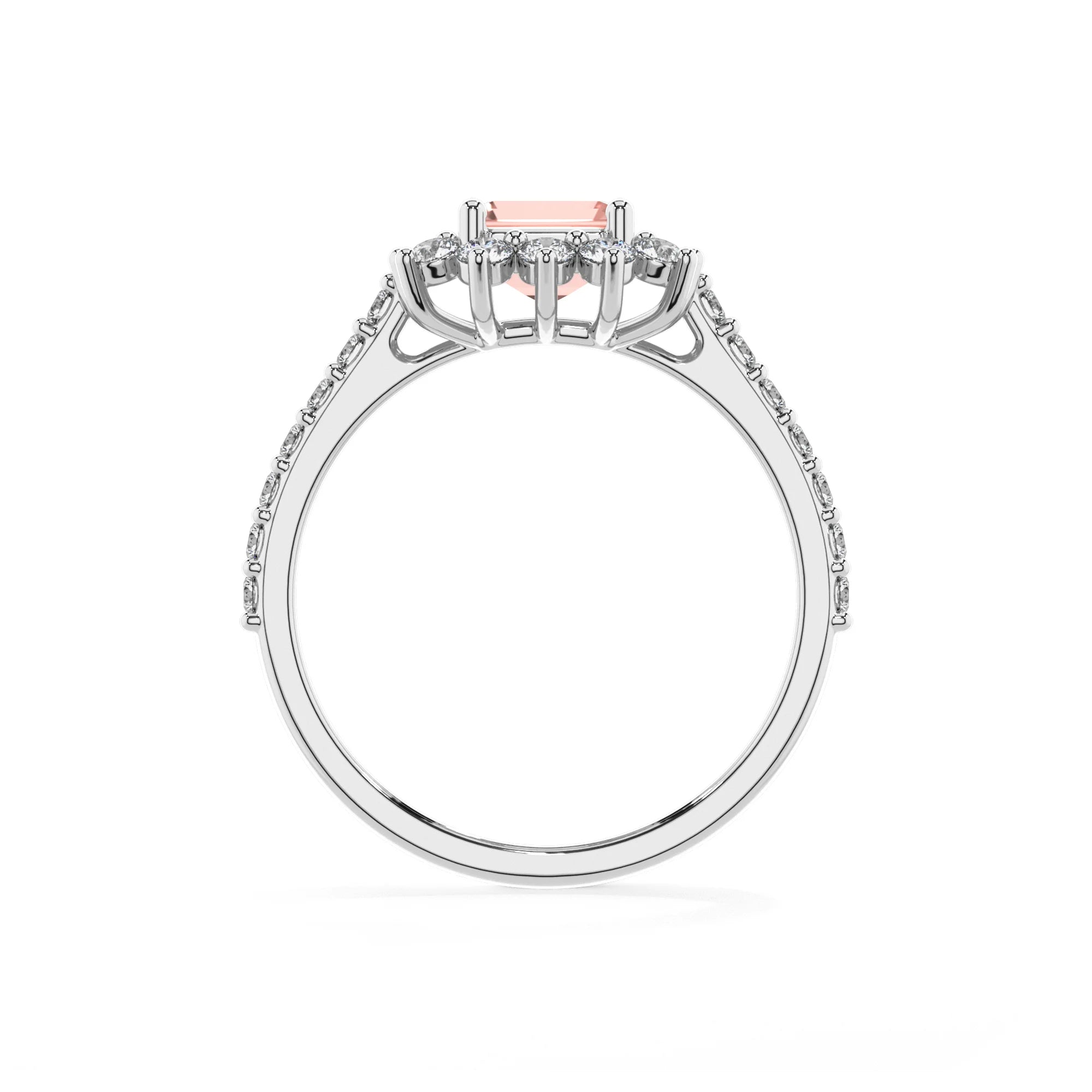 lab grown morganite emerald cut solitaire rings in white gold
