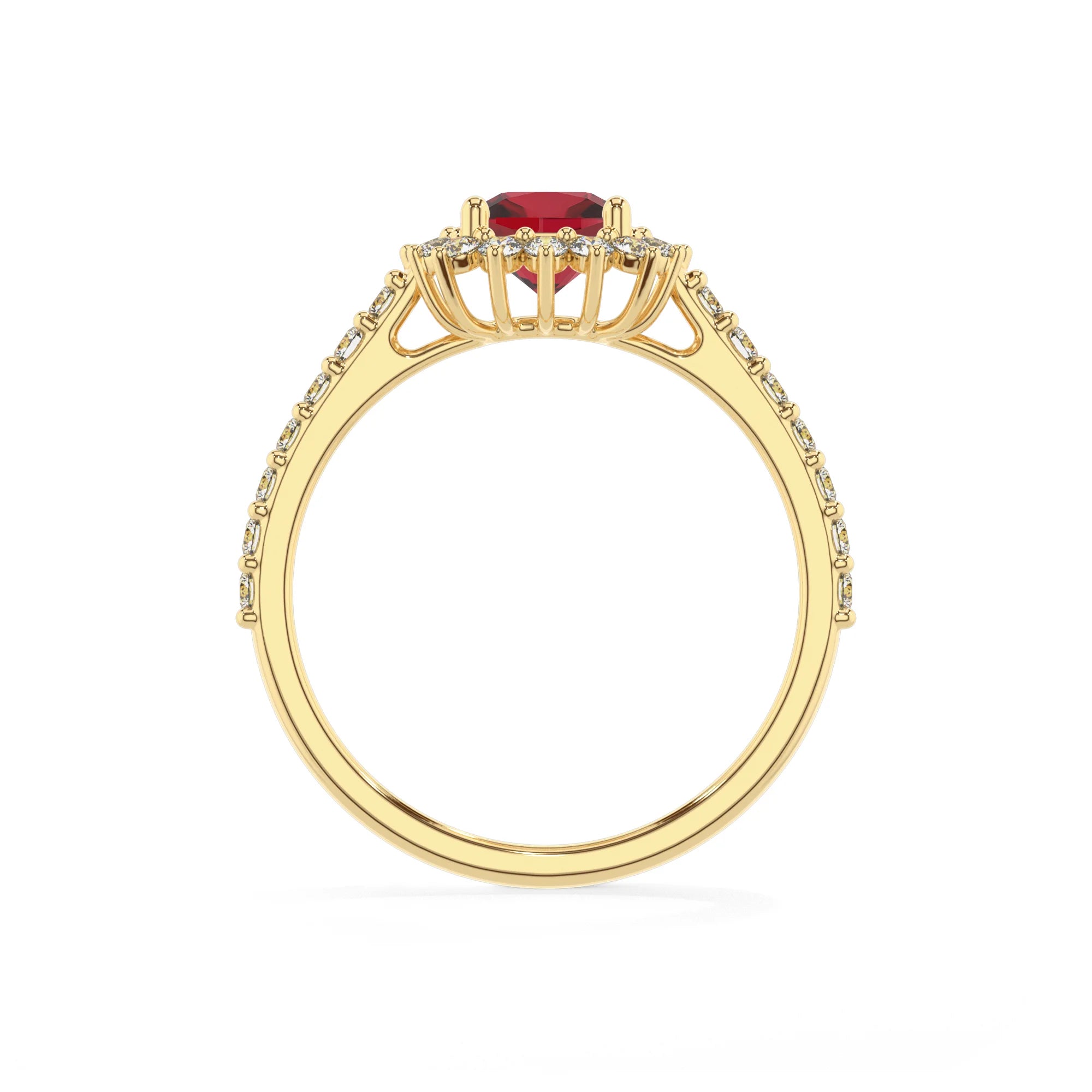 lab grown ruby cushion solitaire rings in yellow gold