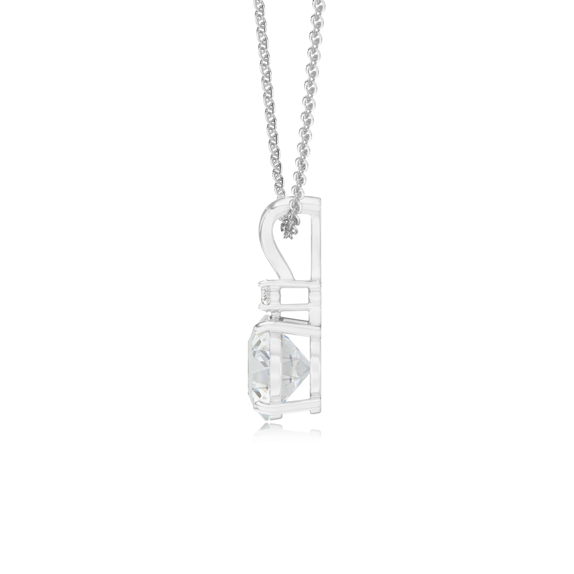 lab grown moissanite round solitaire v-bale necklaces in sterling silver