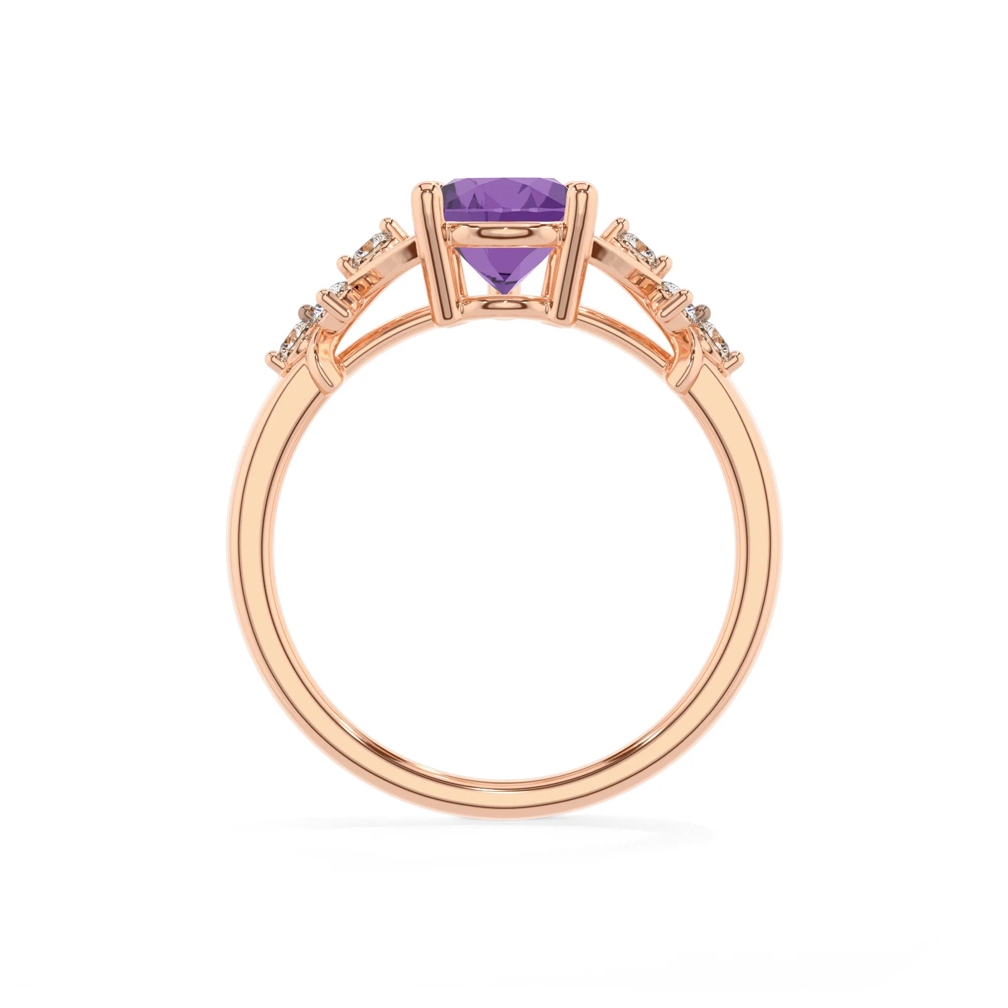 lab grown amethyst pear solitaire rings in rose gold