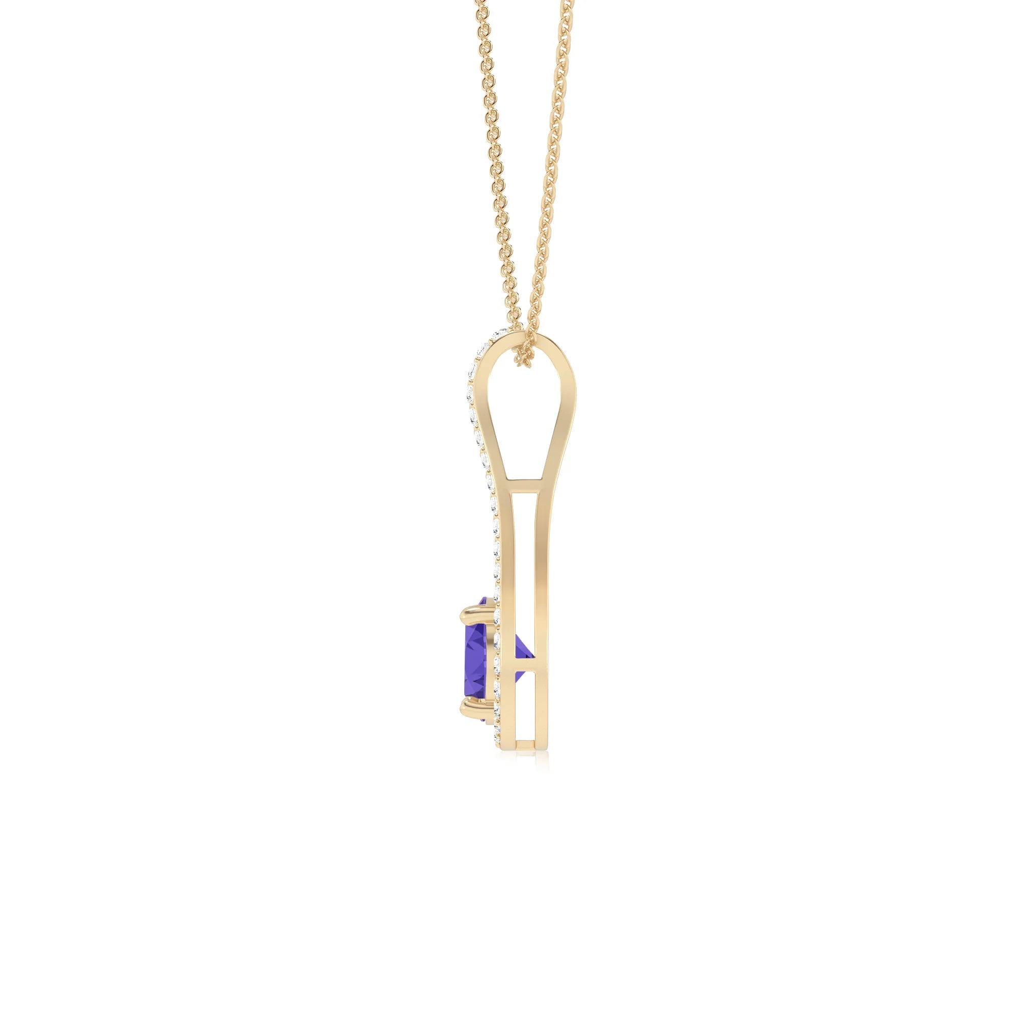 lab grown tanzanite round solitaire v-bale necklaces in yellow gold