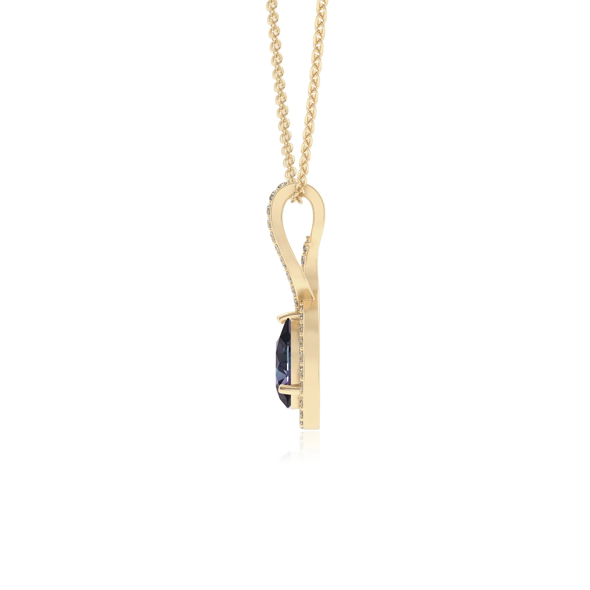 lab grown alexandrite pear necklaces in yellow gold