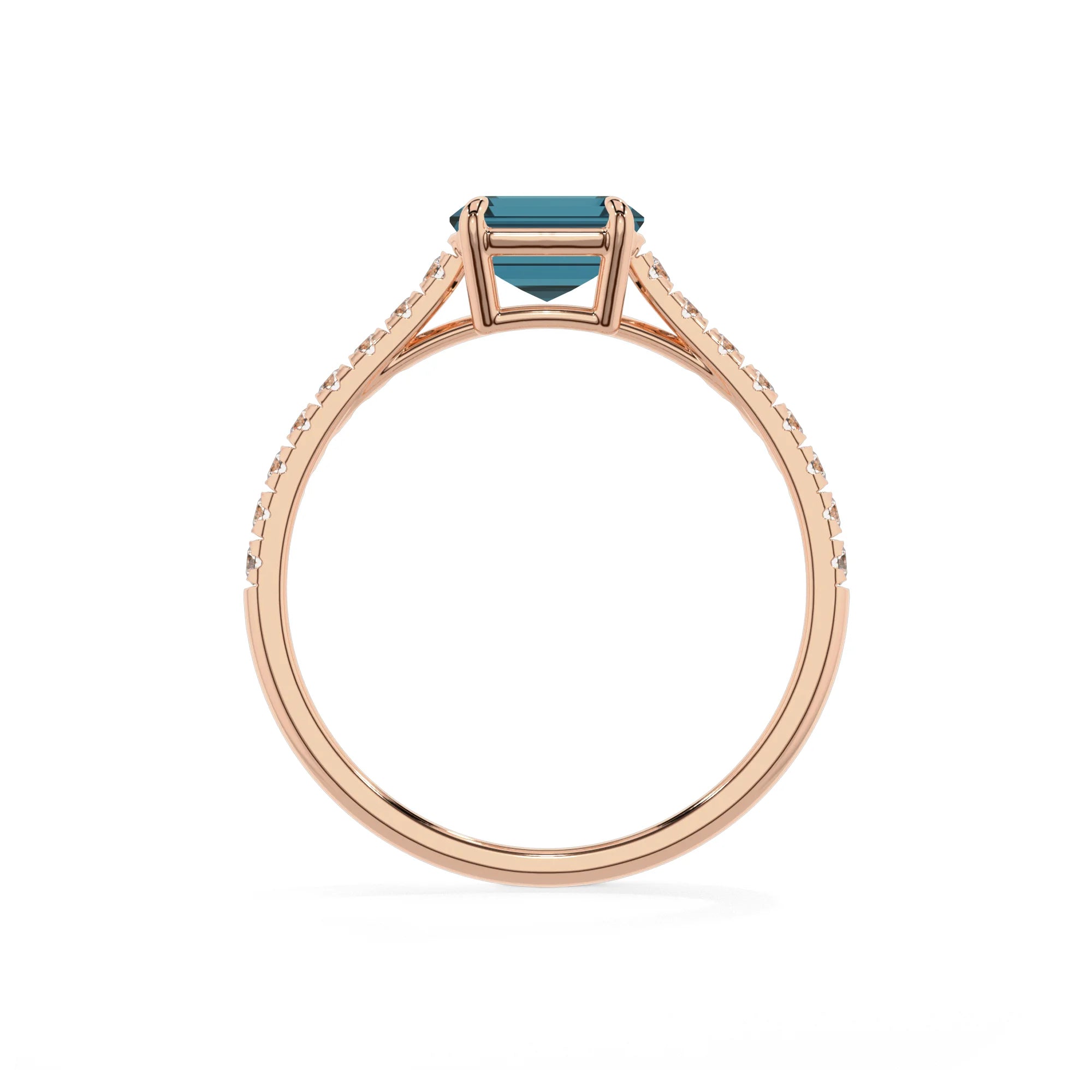 natural london-blue-topaz emerald cut half eternity solitaire engagement rings in rose gold