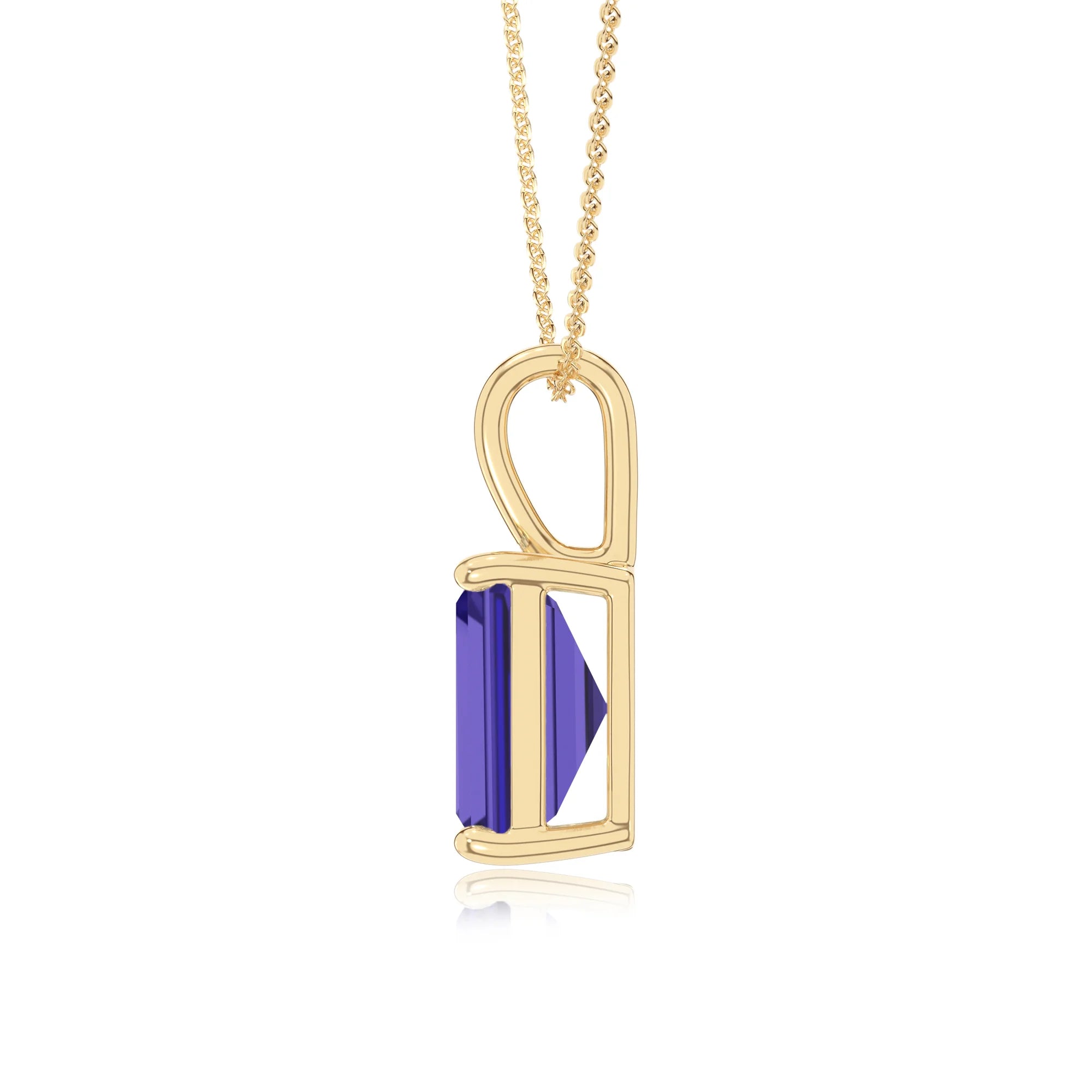 lab grown tanzanite emerald cut solitaire necklaces in yellow gold