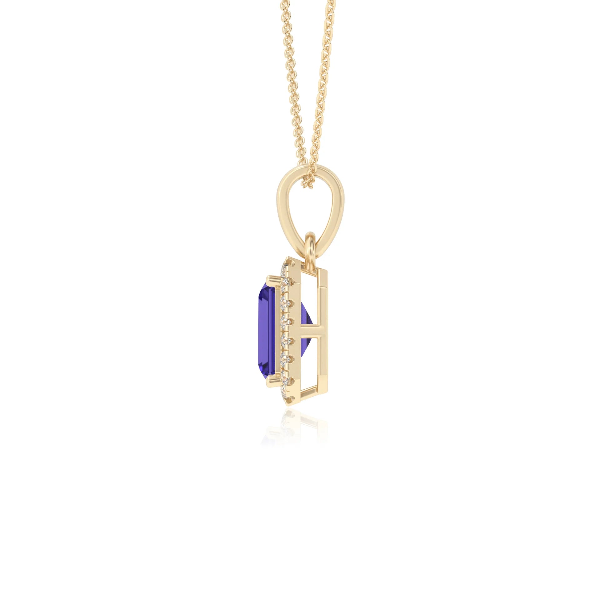 lab grown tanzanite emerald cut solitaire necklaces in yellow gold