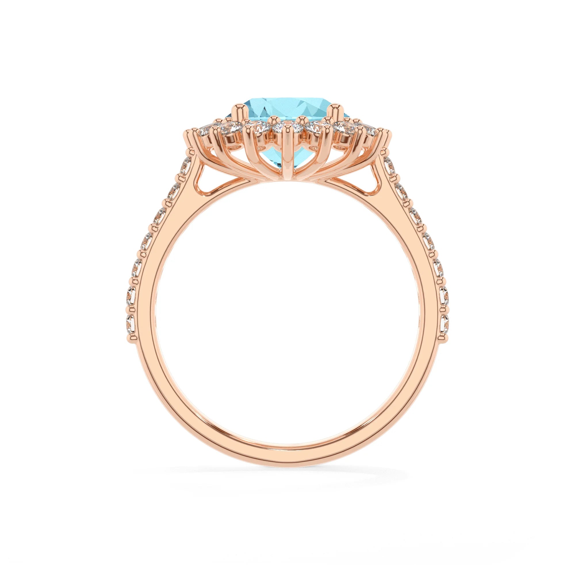 lab grown aquamarine round solitaire rings in rose gold
