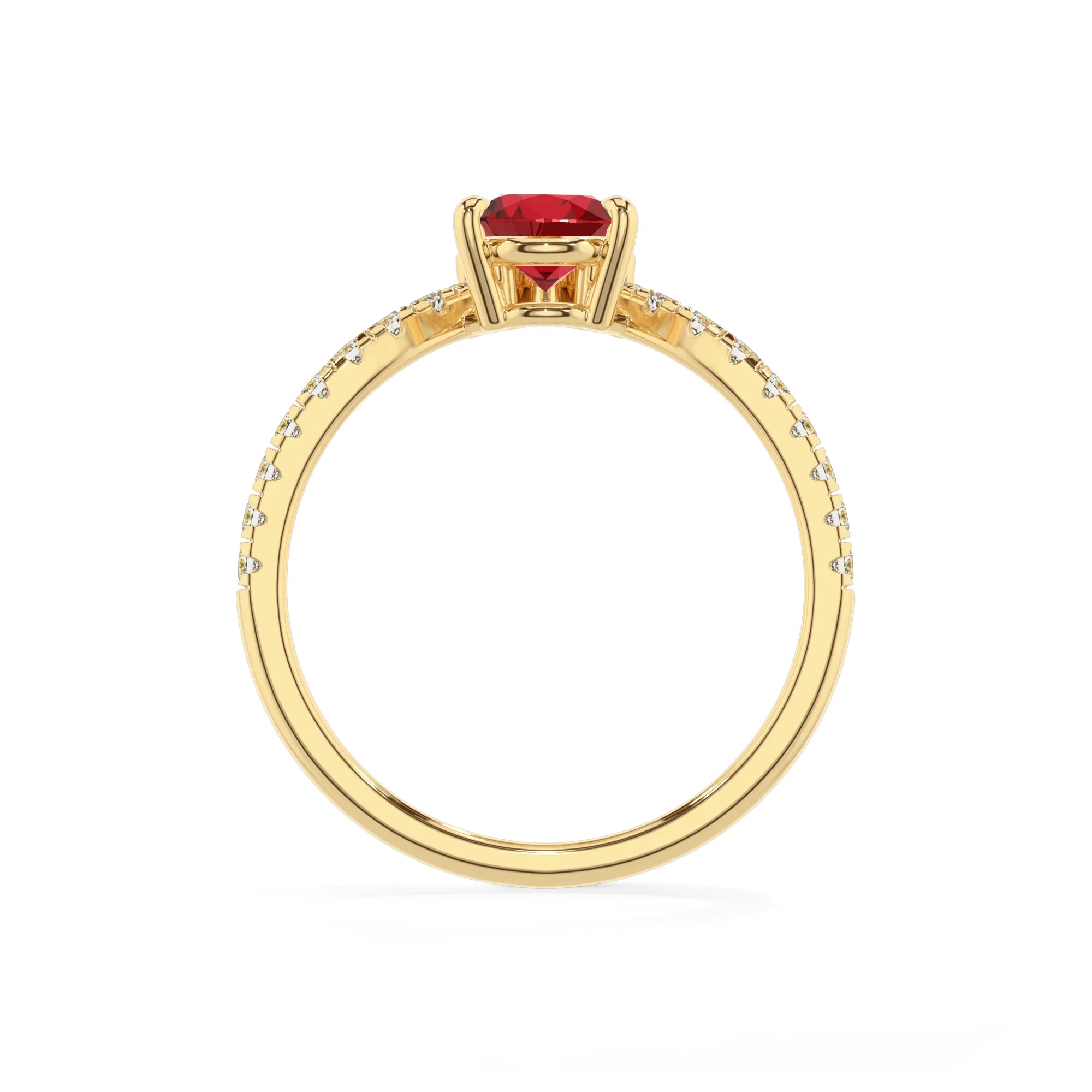 lab grown ruby pear solitaire rings in yellow gold