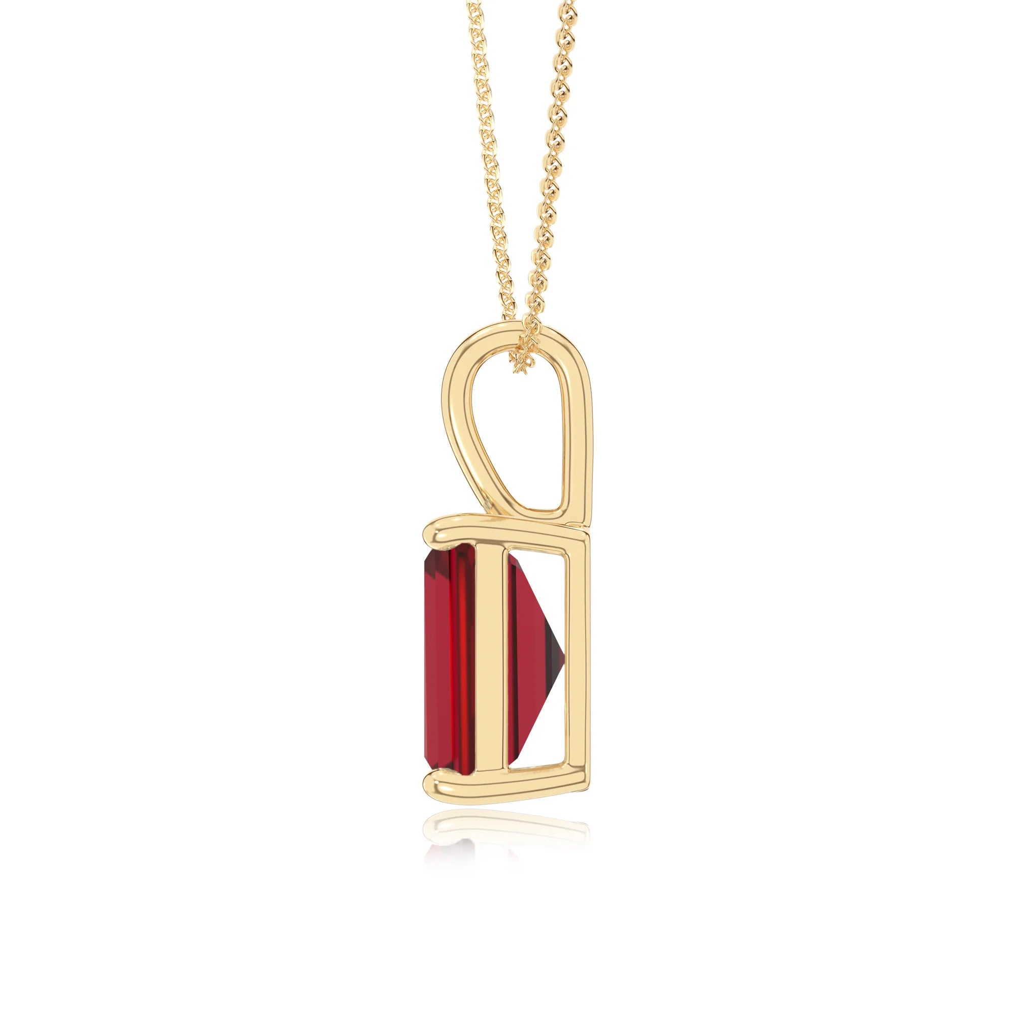 lab grown ruby emerald cut solitaire necklaces in yellow gold