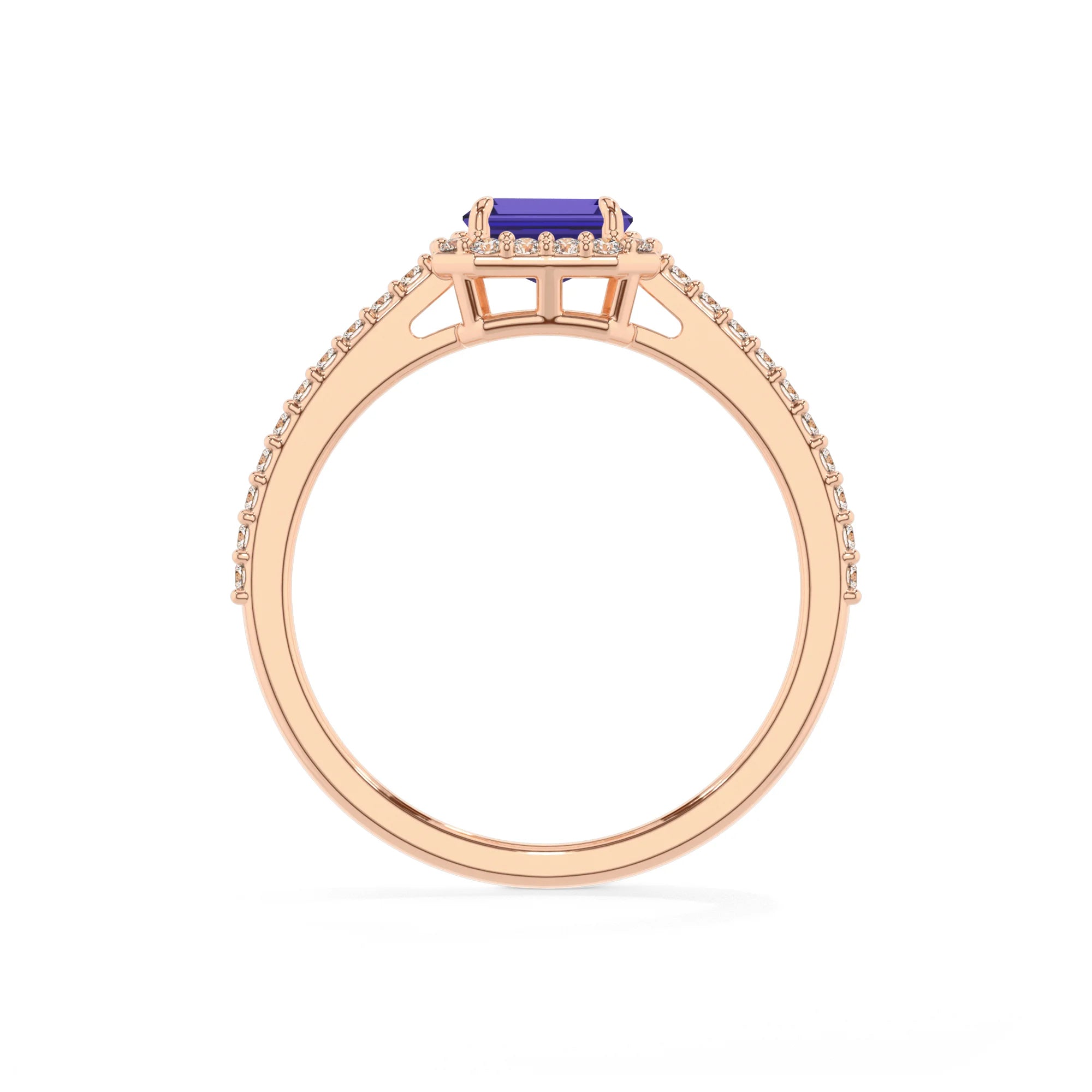 lab grown tanzanite emerald cut solitaire rings in rose gold