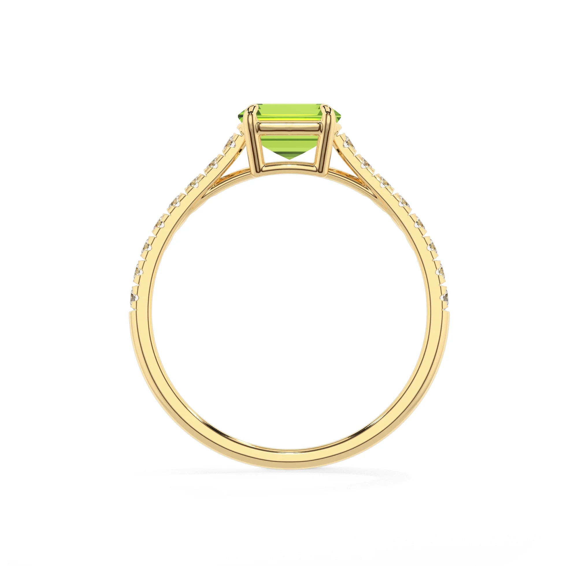 natural peridot emerald cut half eternity solitaire engagement rings in yellow gold