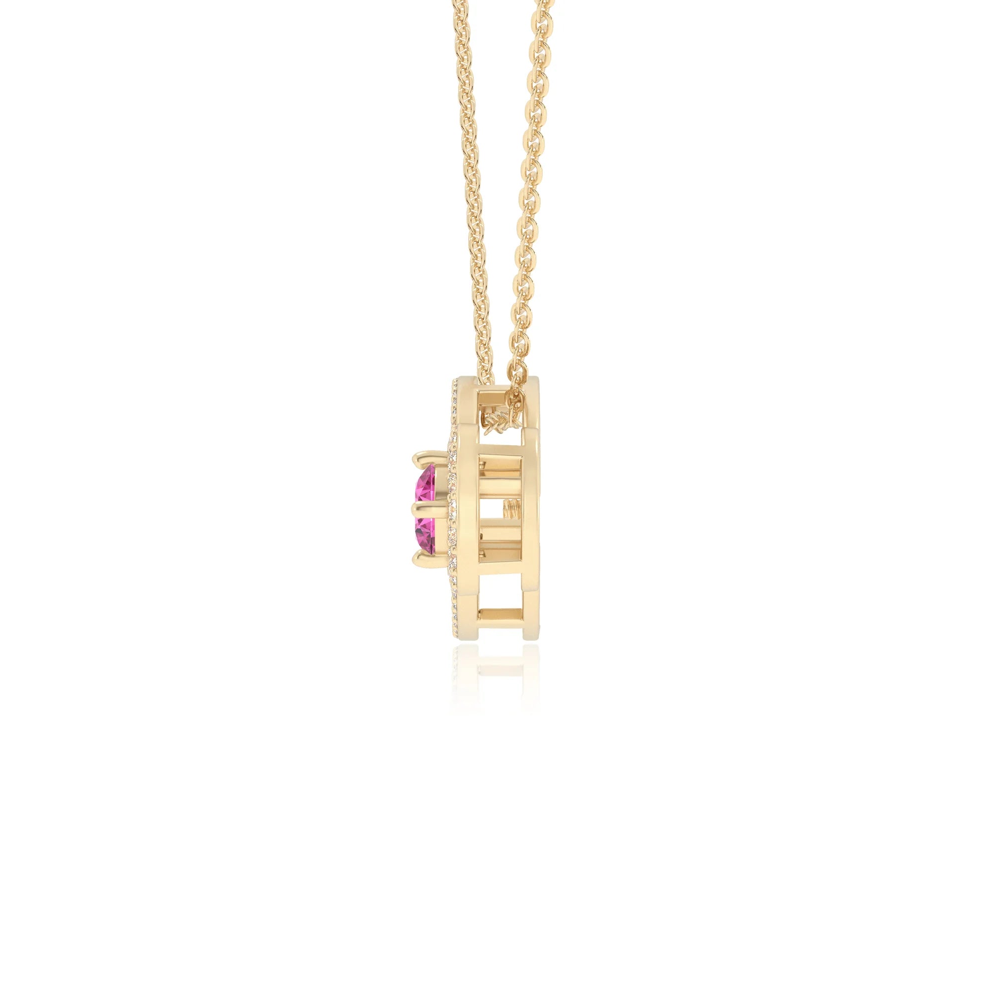 lab grown pink-sapphire round solitaire necklaces in yellow gold
