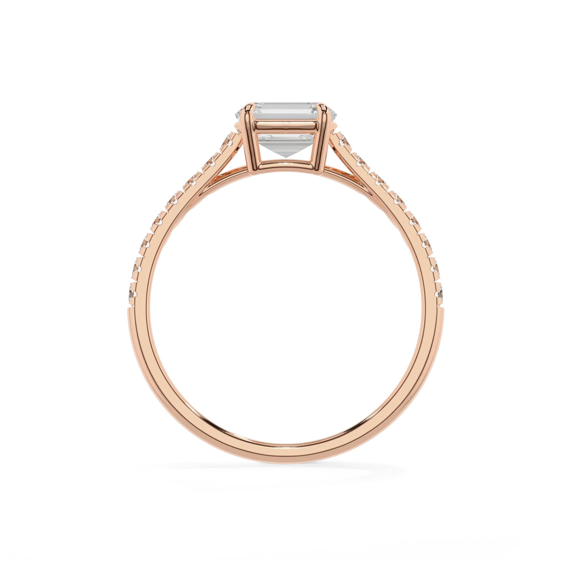 lab grown moissanite emerald cut half eternity solitaire engagement rings in rose gold