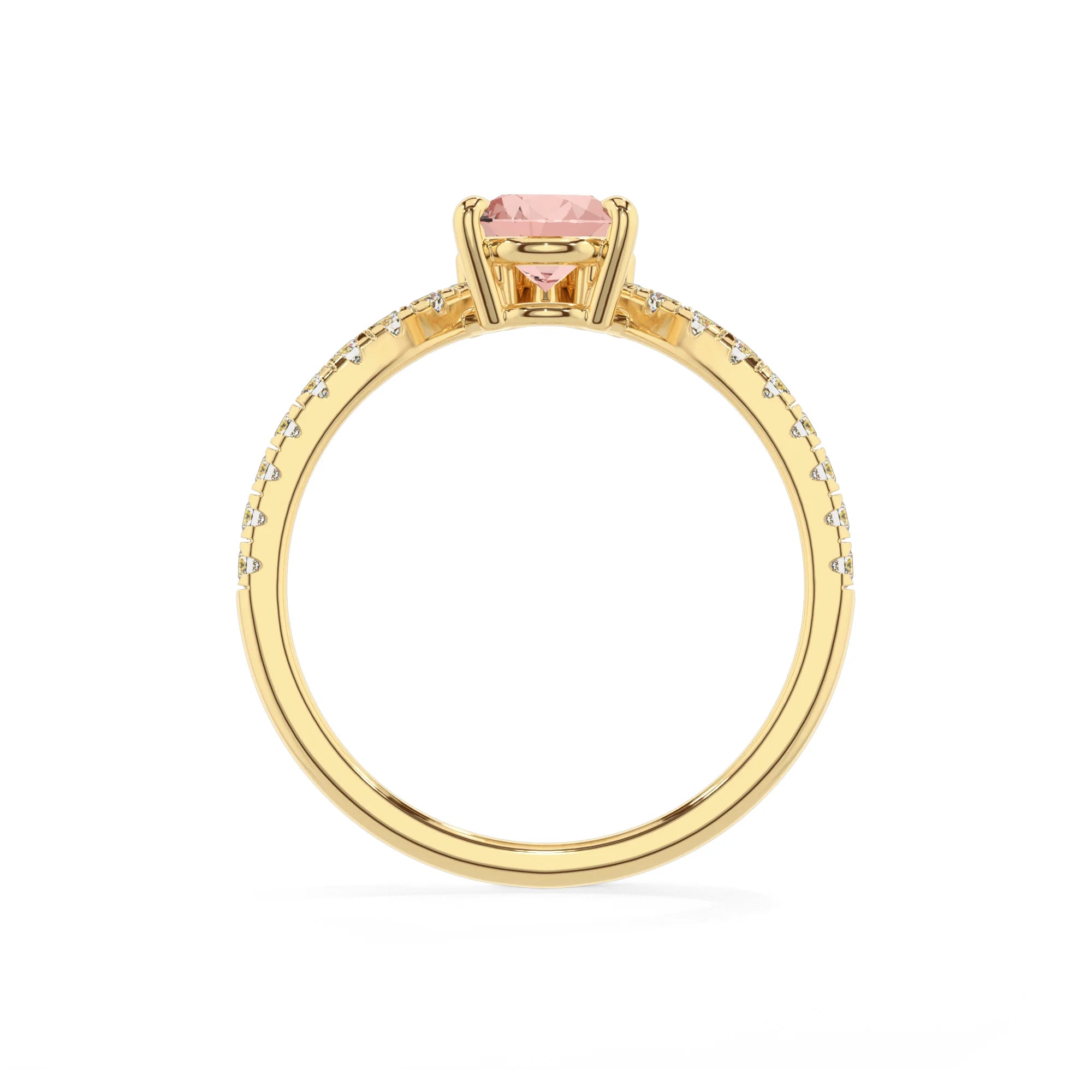 lab grown morganite pear solitaire rings in yellow gold