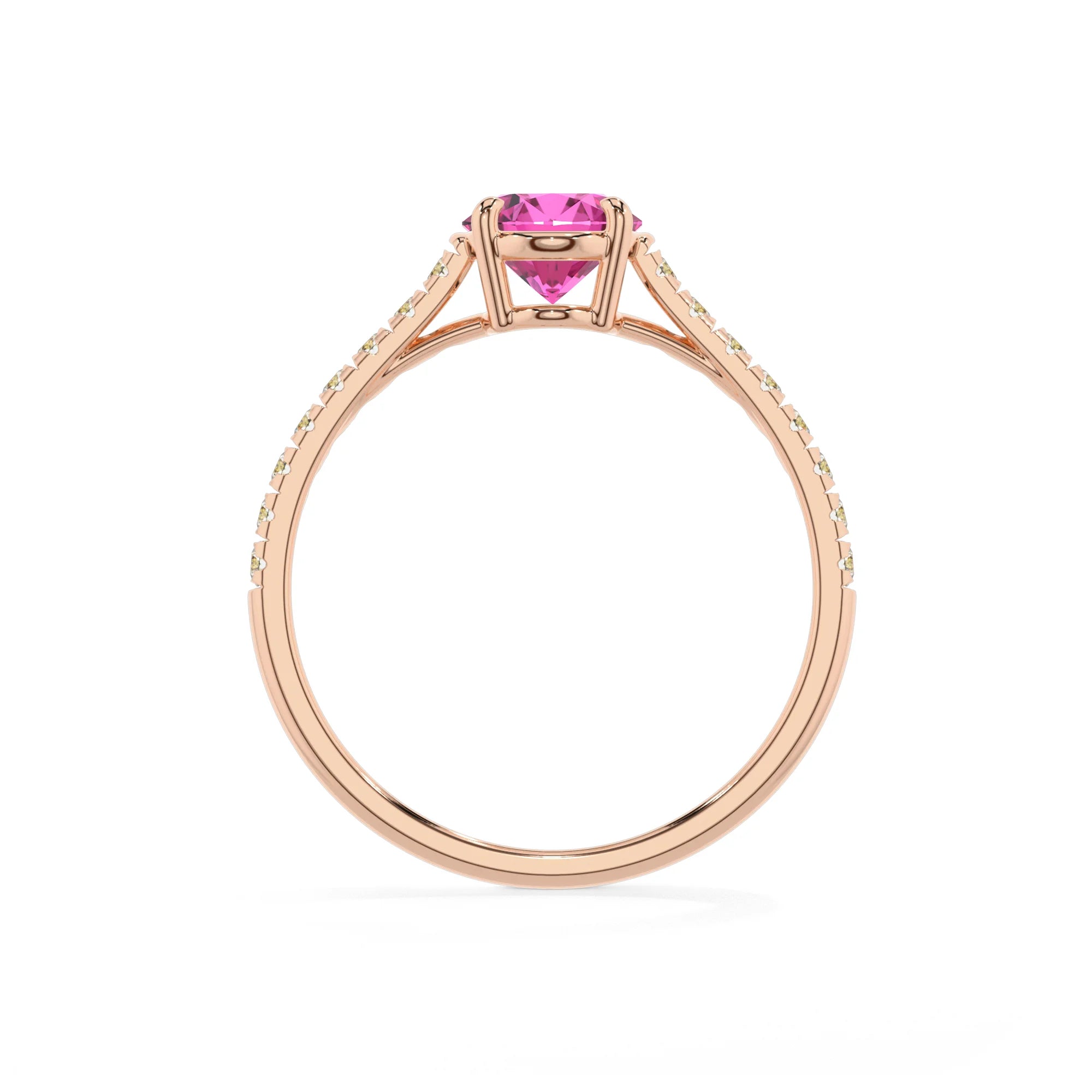lab grown pink-sapphire oval half eternity solitaire engagement rings in rose gold