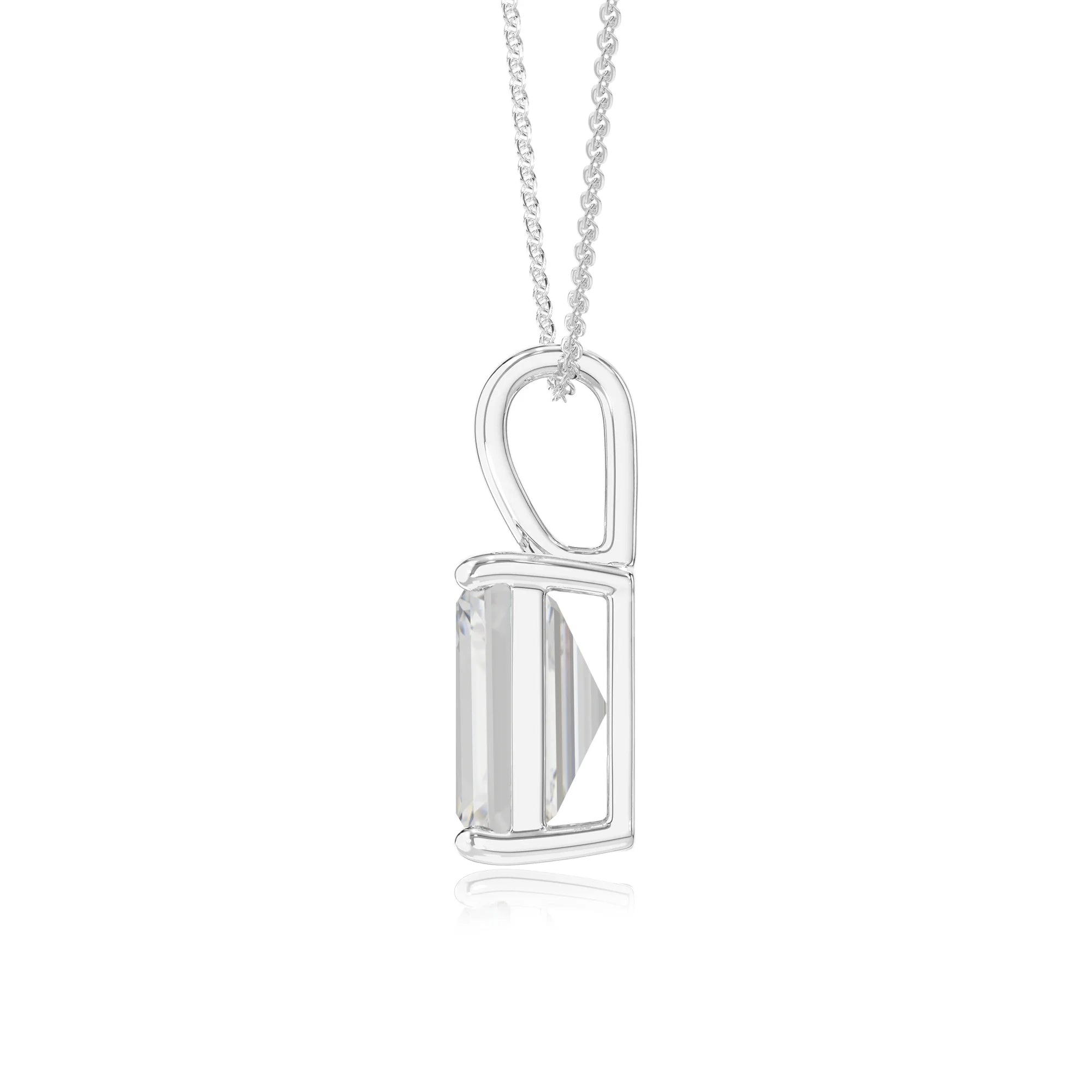 lab grown moissanite emerald cut solitaire necklaces in white gold