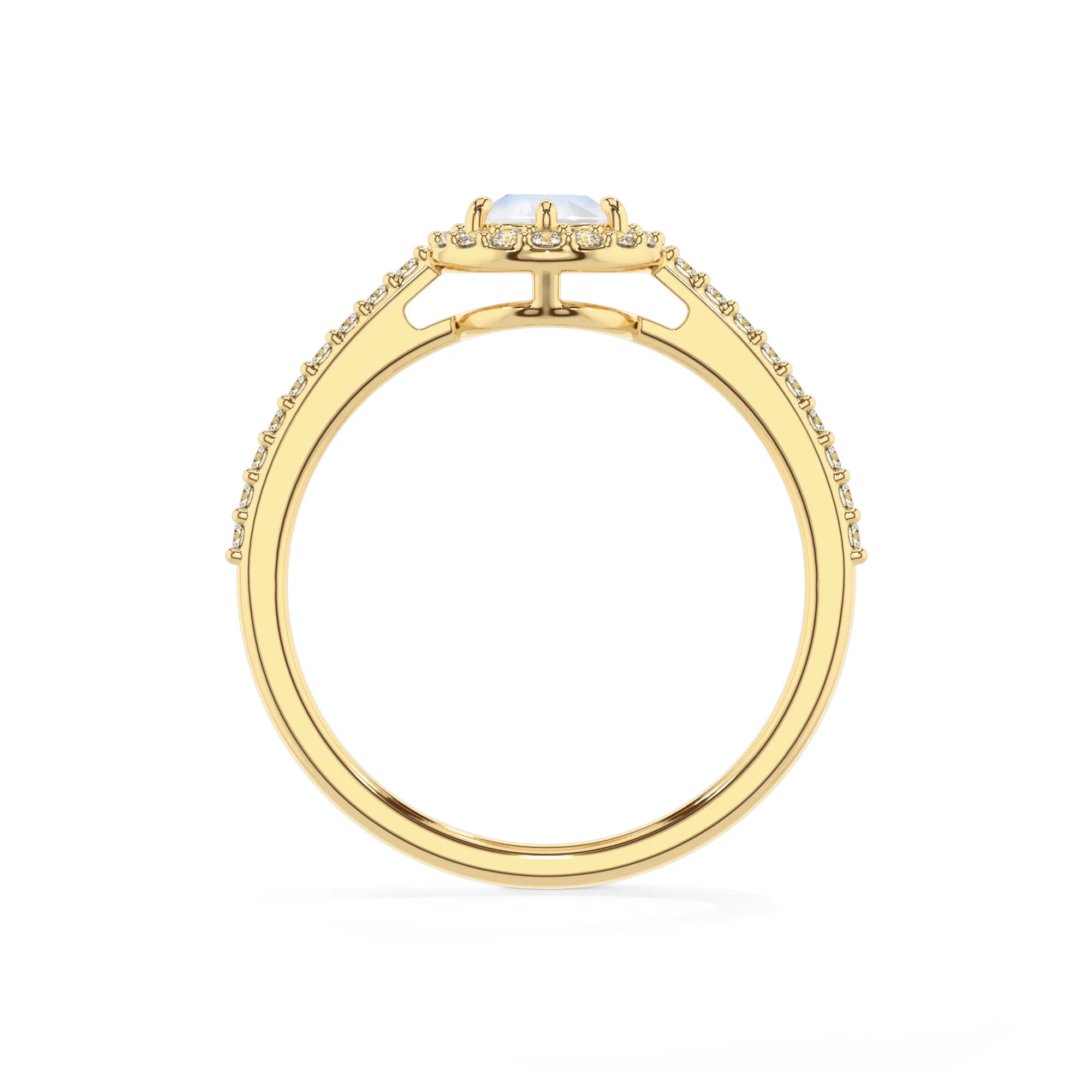 natural rainbow-moonstone pear solitaire rings in yellow gold