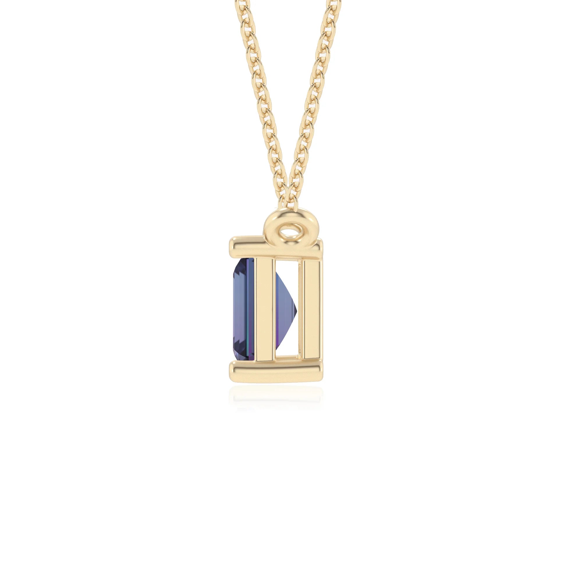lab grown alexandrite emerald cut solitaire necklaces in yellow gold