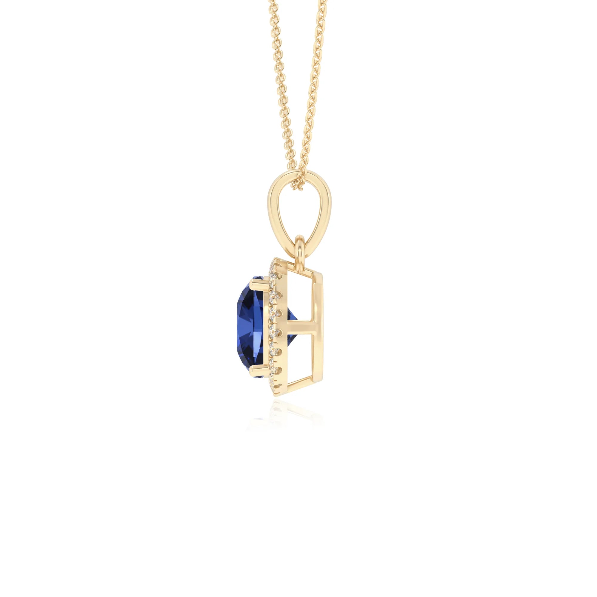 lab grown blue-sapphire cushion solitaire necklaces in yellow gold