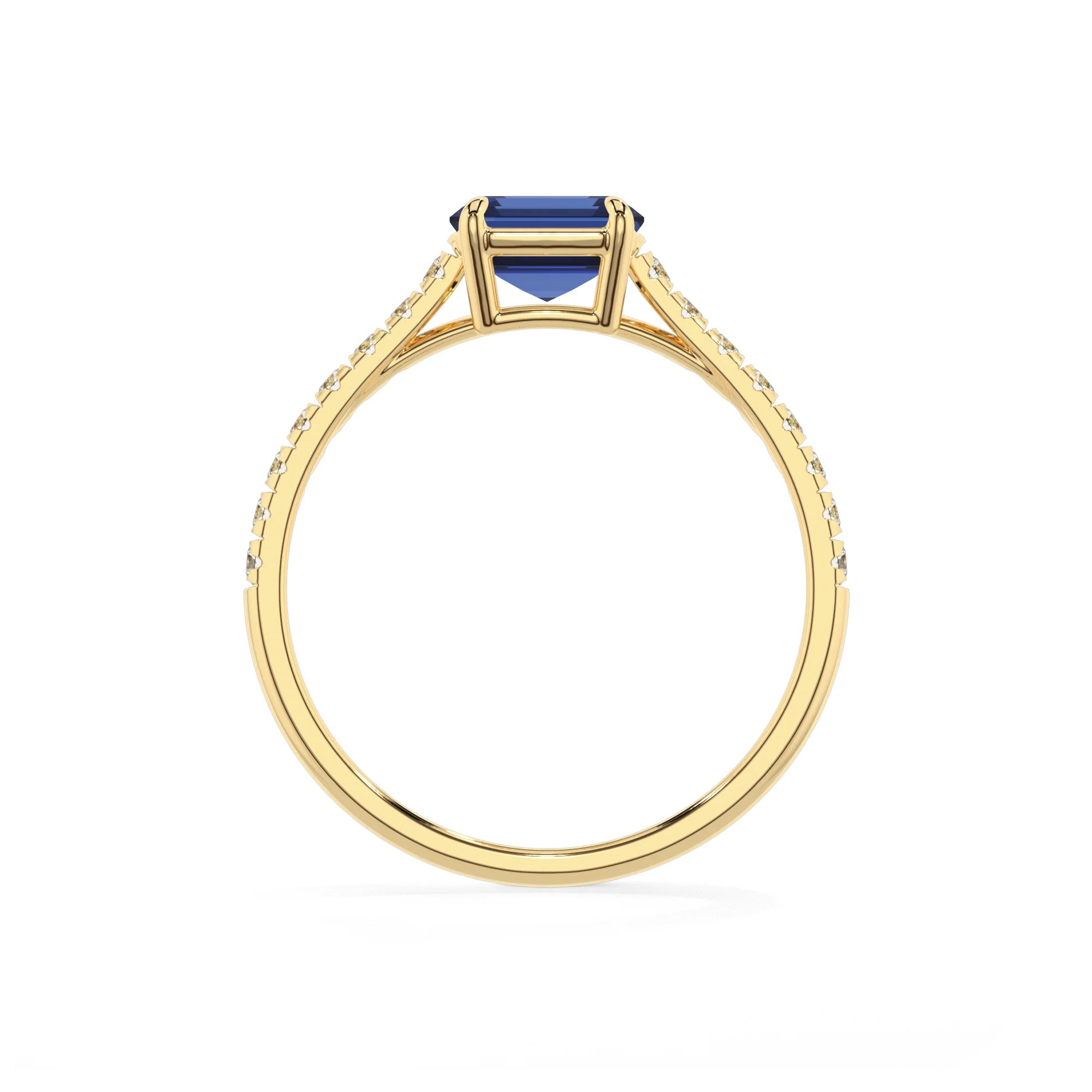 lab grown blue-sapphire emerald cut half eternity solitaire engagement rings in yellow gold