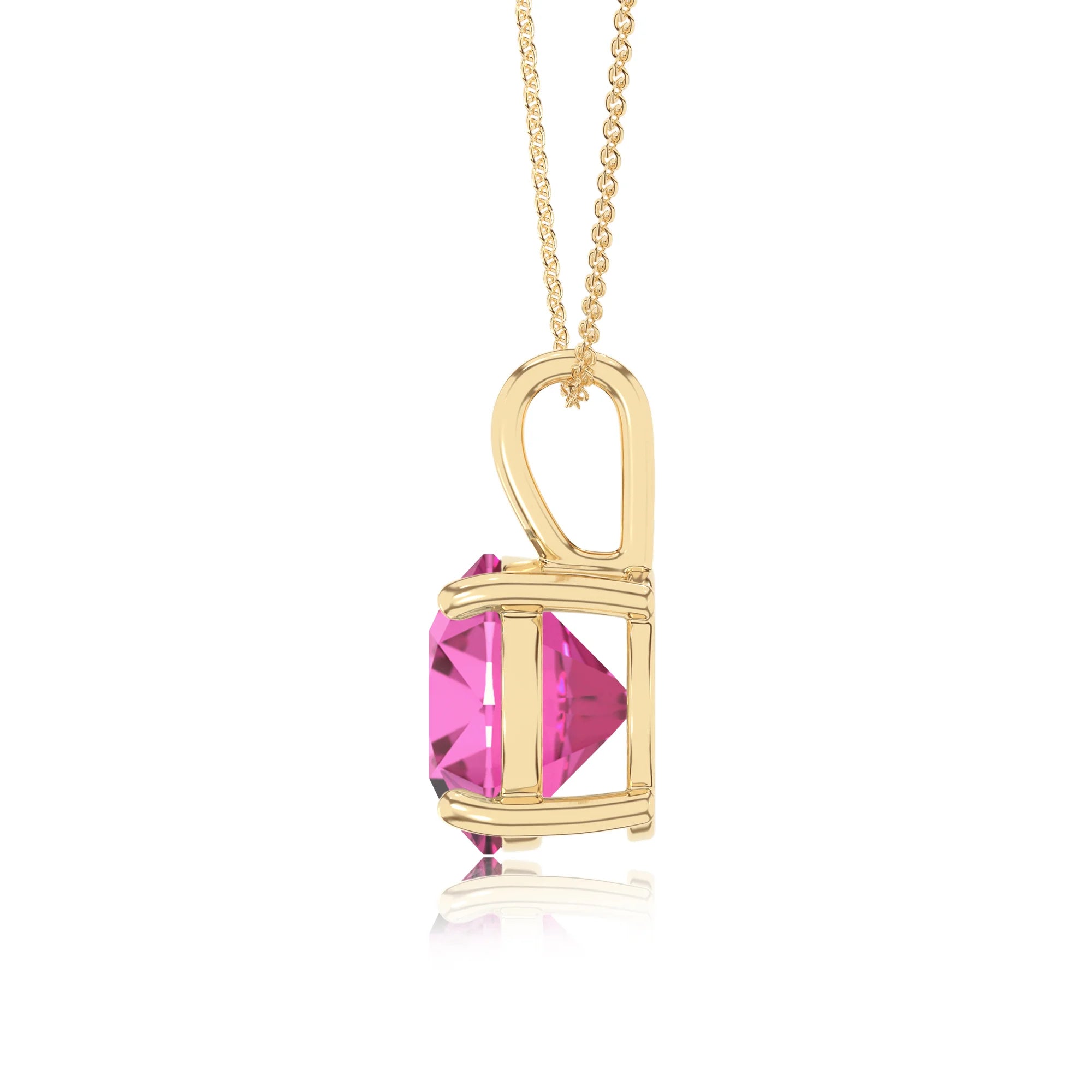 lab grown pink-sapphire round solitaire necklaces in yellow gold