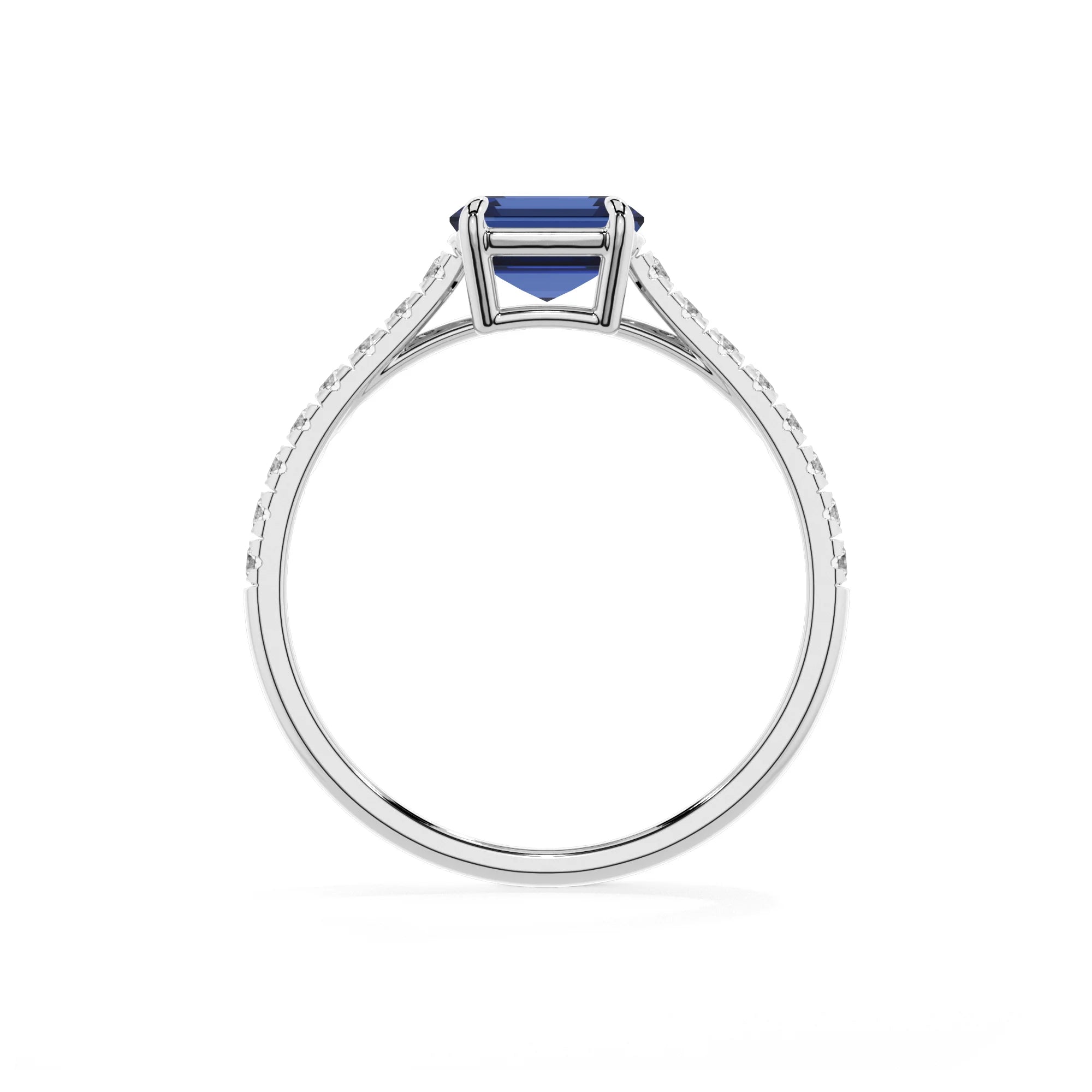 lab grown blue-sapphire emerald cut half eternity solitaire engagement rings in platinum