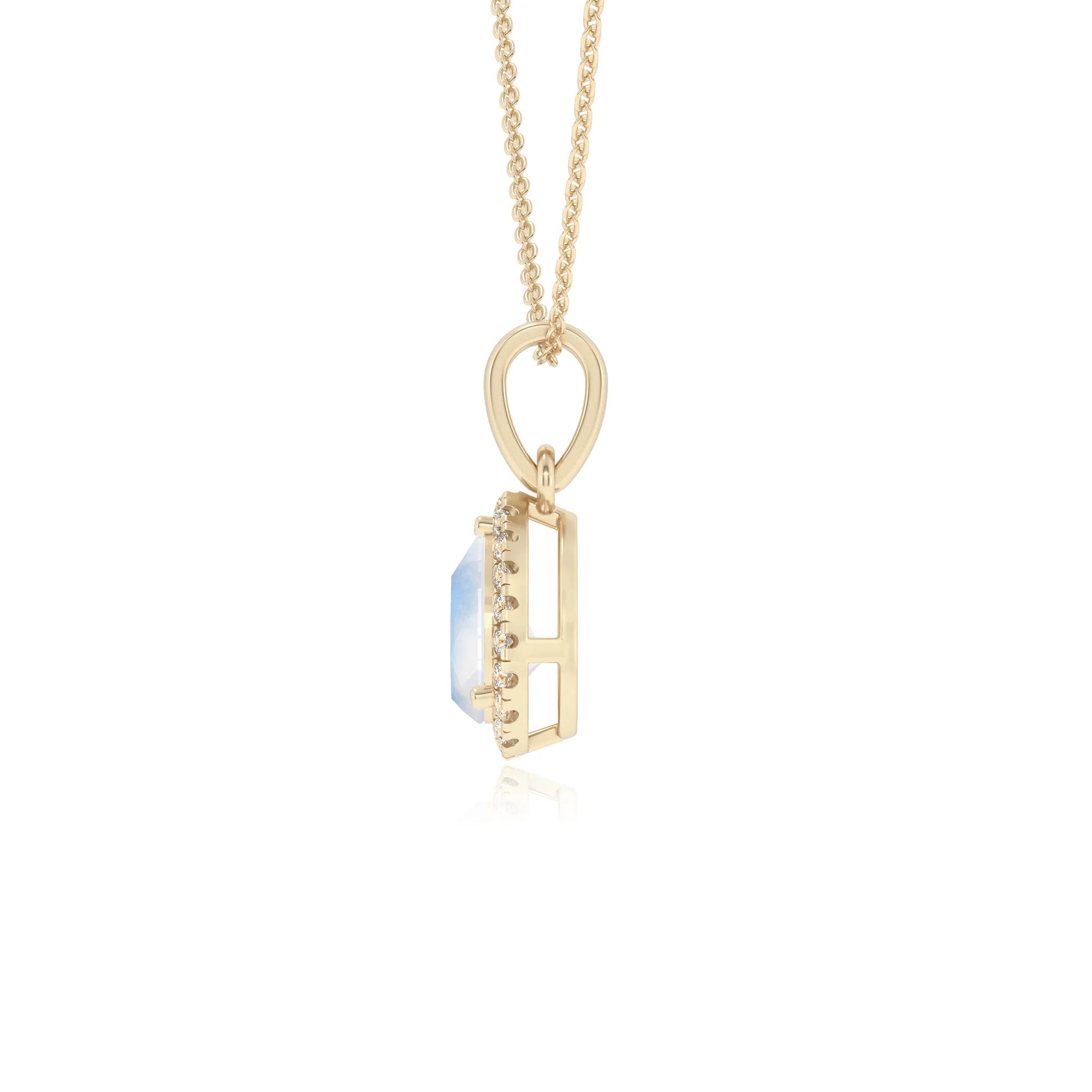 natural rainbow-moonstone pear solitaire necklaces in yellow gold