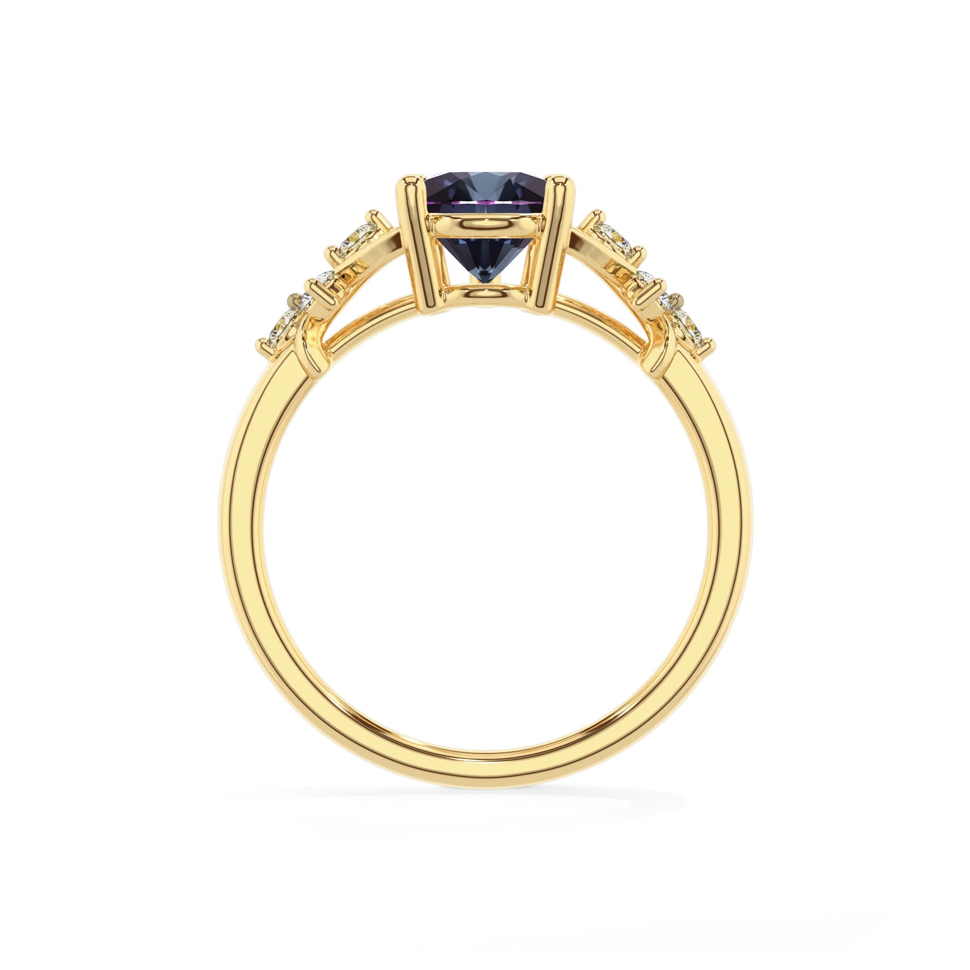lab grown alexandrite pear solitaire rings in yellow gold