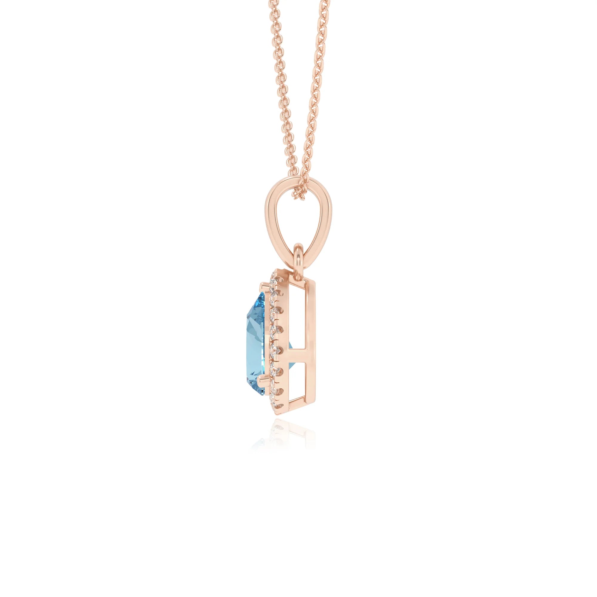 lab grown aquamarine pear solitaire necklaces in rose gold