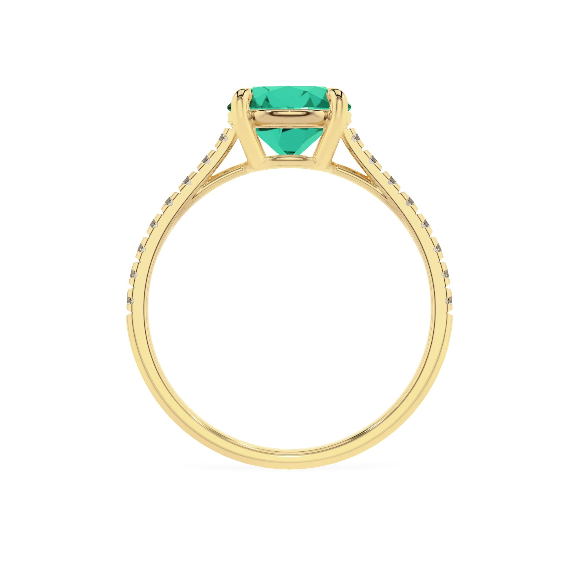 lab grown emerald round half eternity solitaire engagement rings in yellow gold