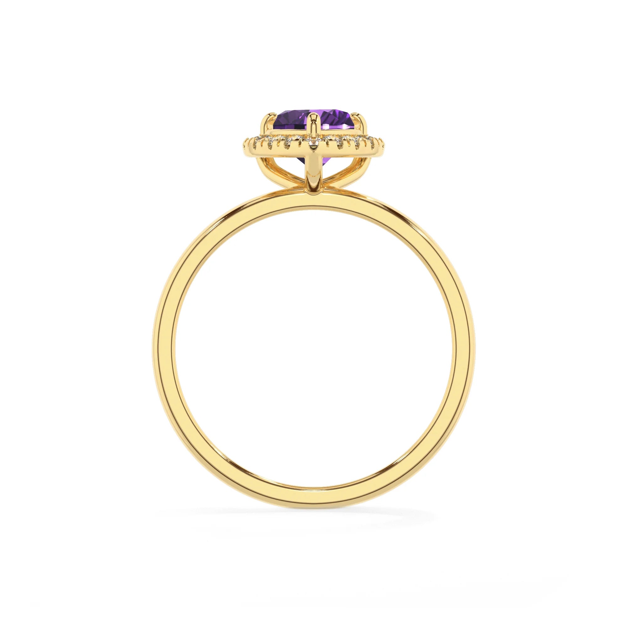 lab grown amethyst heart solitaire rings in yellow gold