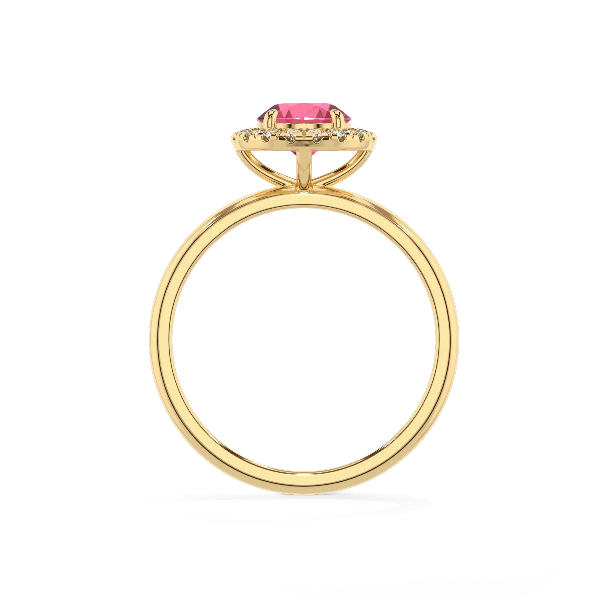 lab grown pink-tourmaline round solitaire rings in yellow gold