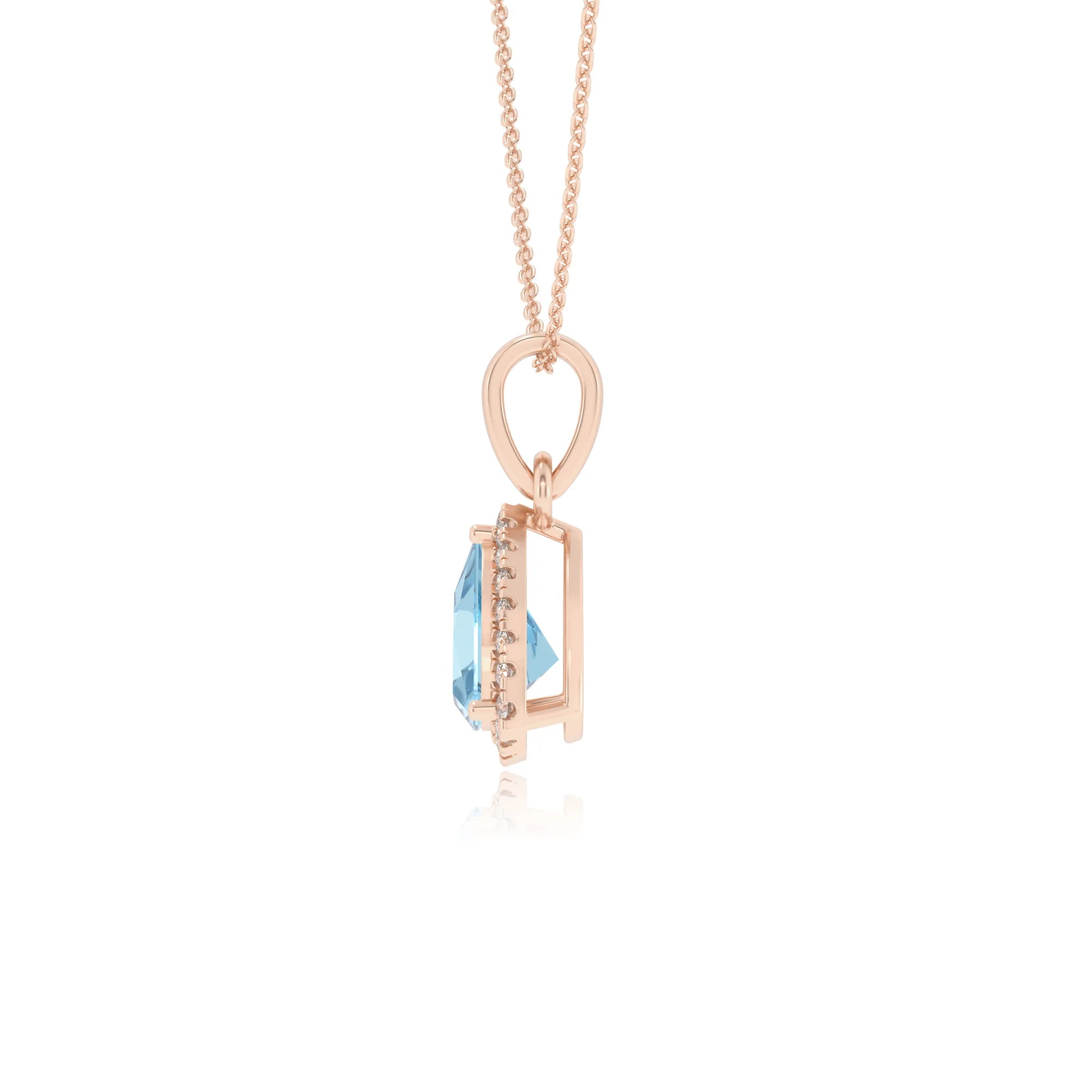 lab grown aquamarine trillion solitaire necklaces in rose gold
