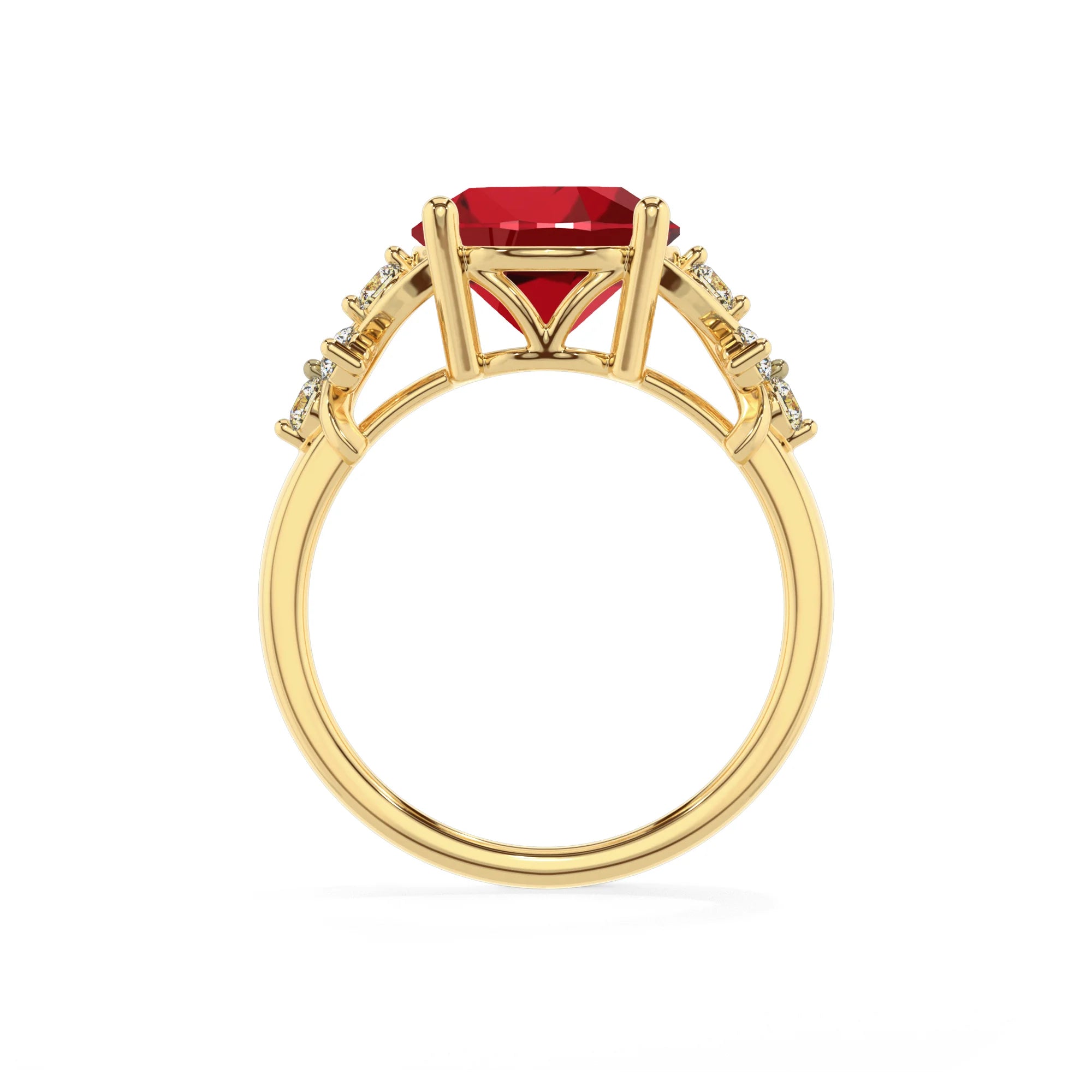 lab grown ruby round solitaire rings in yellow gold