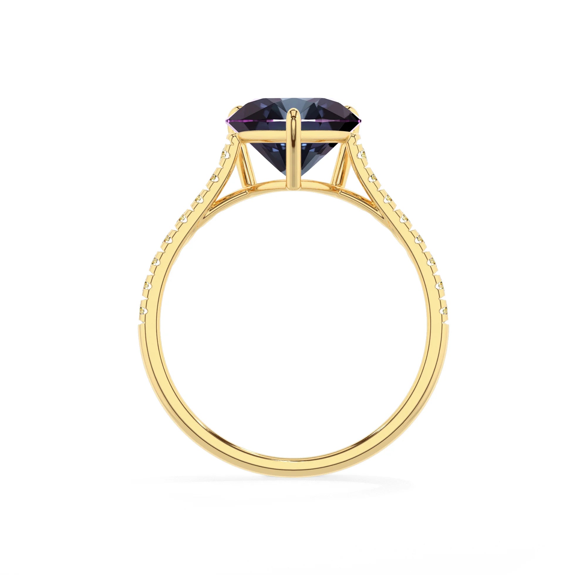 lab grown alexandrite heart half eternity solitaire engagement rings in yellow gold