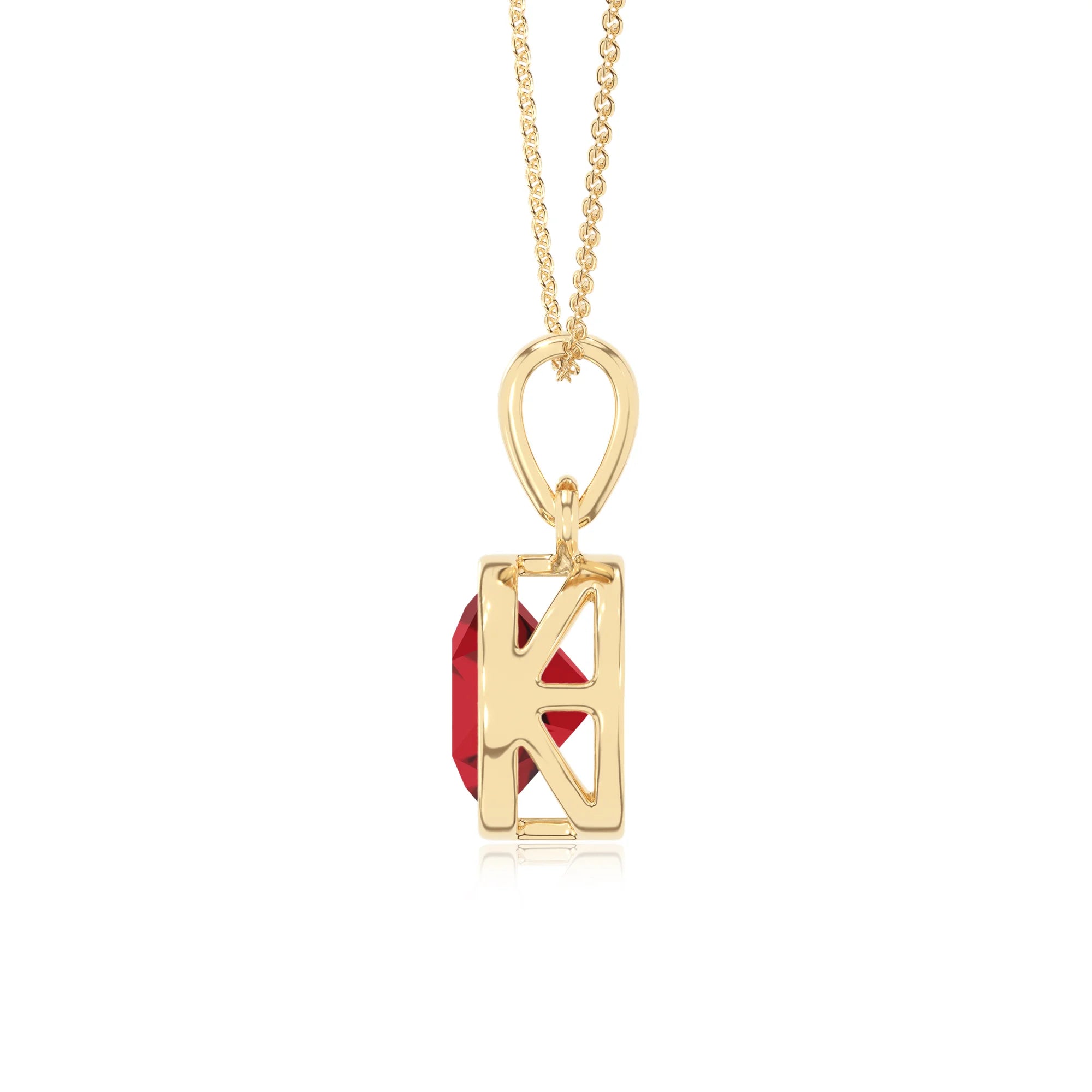 lab grown ruby round solitaire necklaces in yellow gold