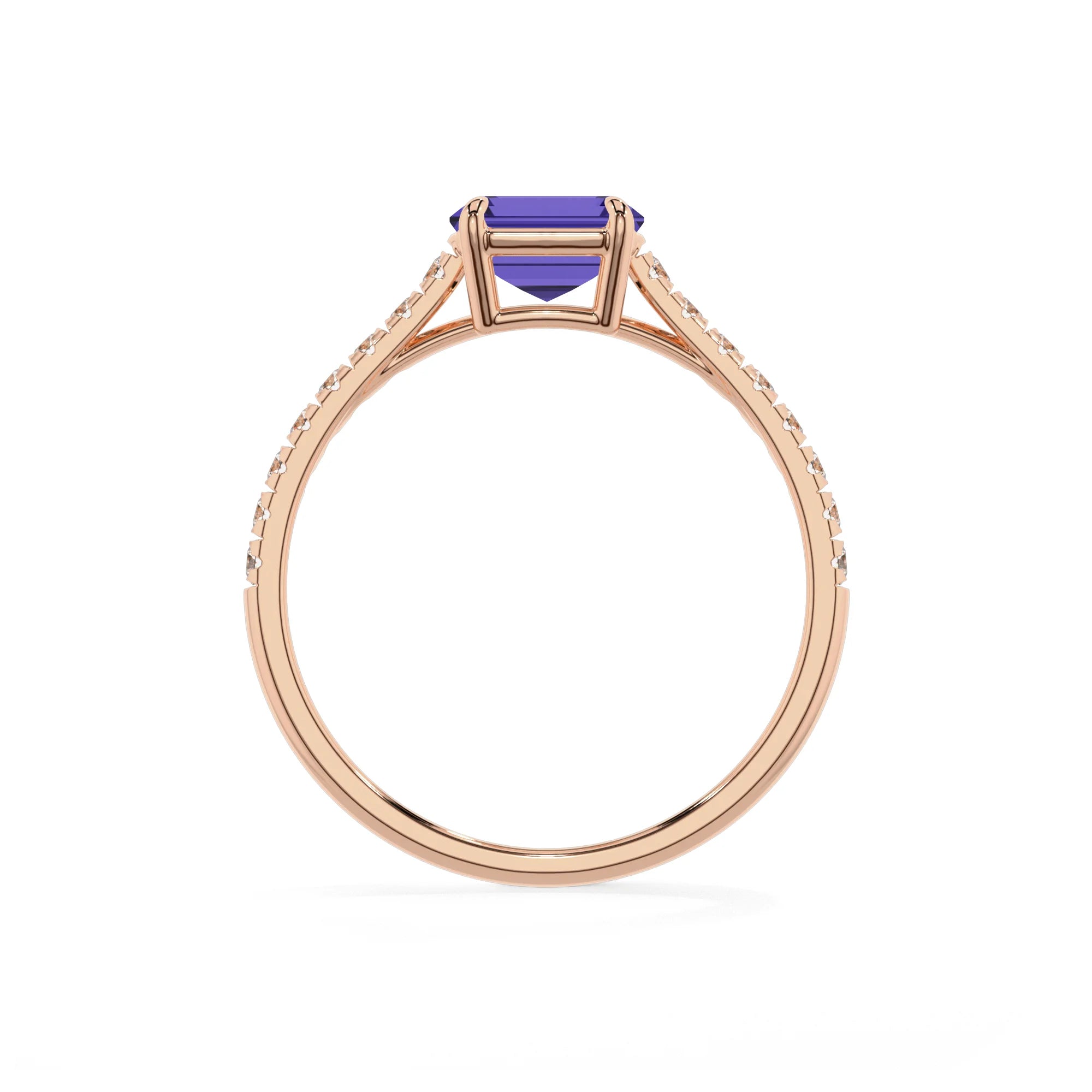lab grown tanzanite emerald cut half eternity solitaire engagement rings in rose gold
