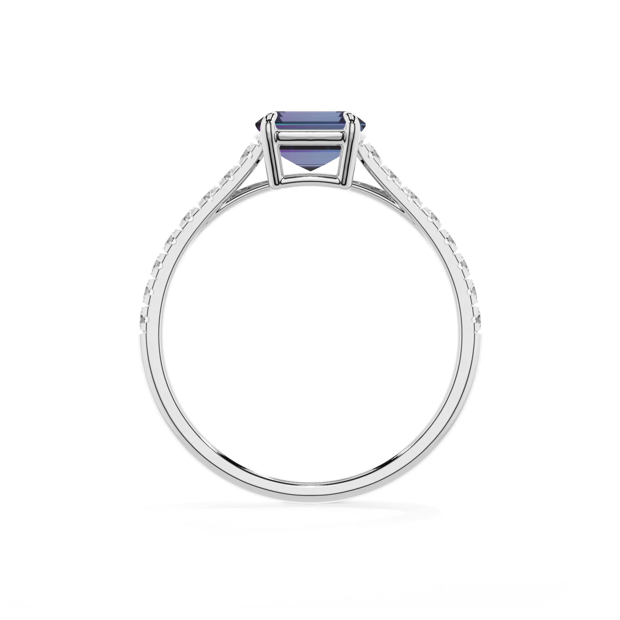 lab grown alexandrite emerald cut half eternity solitaire engagement rings in sterling silver