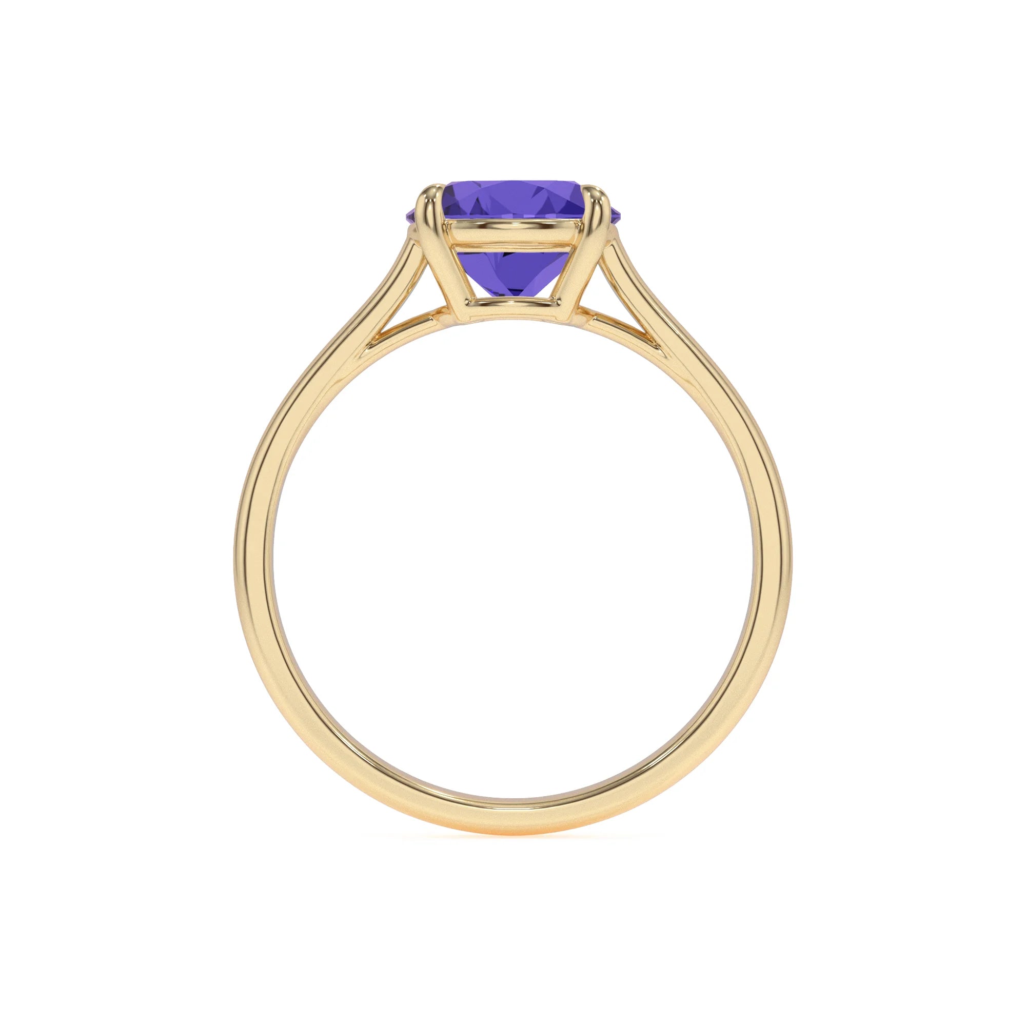 lab grown tanzanite round solitaire rings in yellow gold