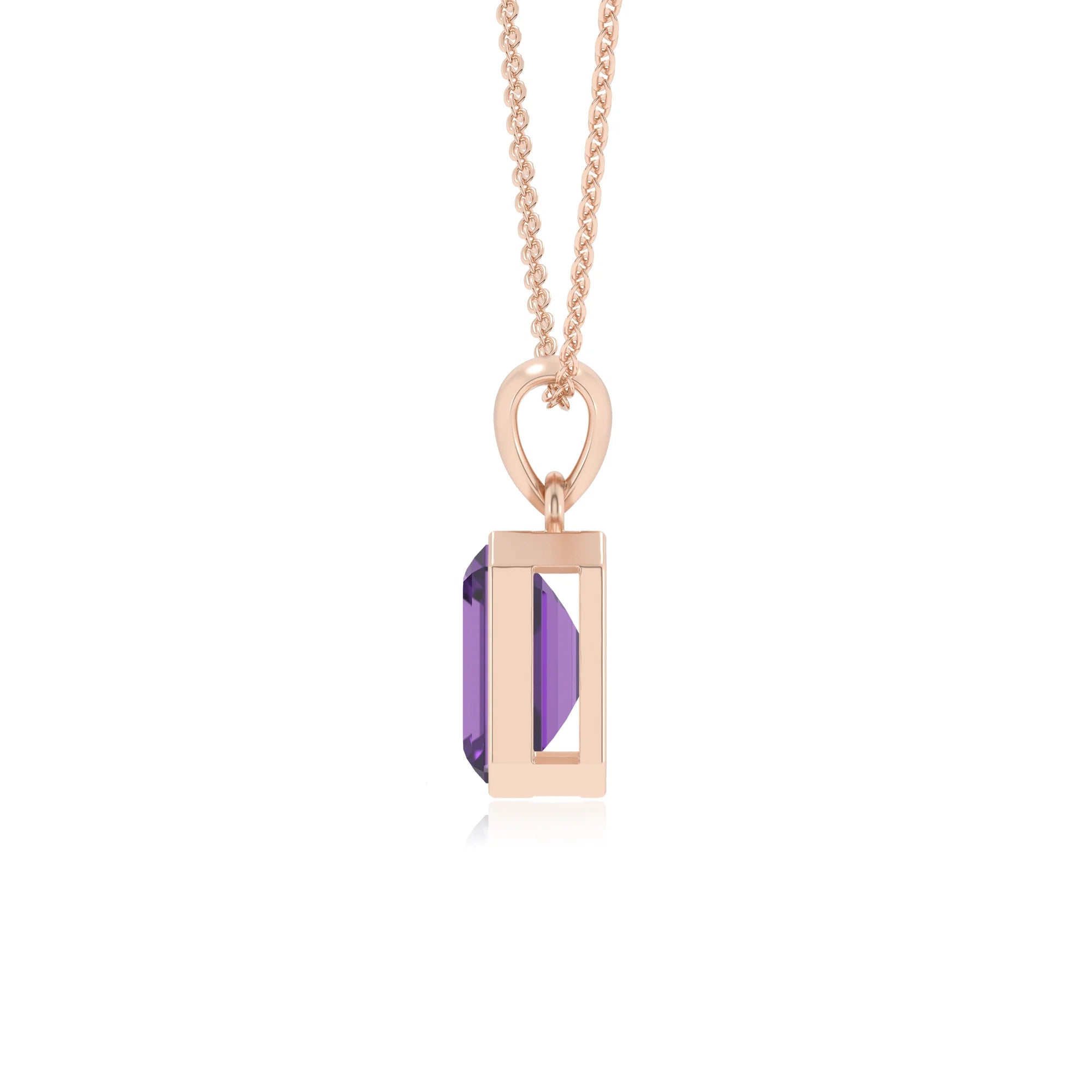lab grown amethyst emerald cut solitaire necklaces in rose gold