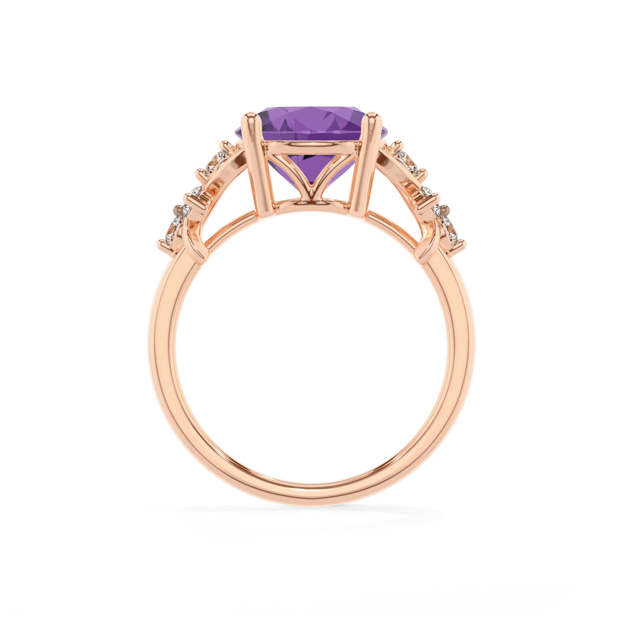 lab grown amethyst round solitaire rings in rose gold