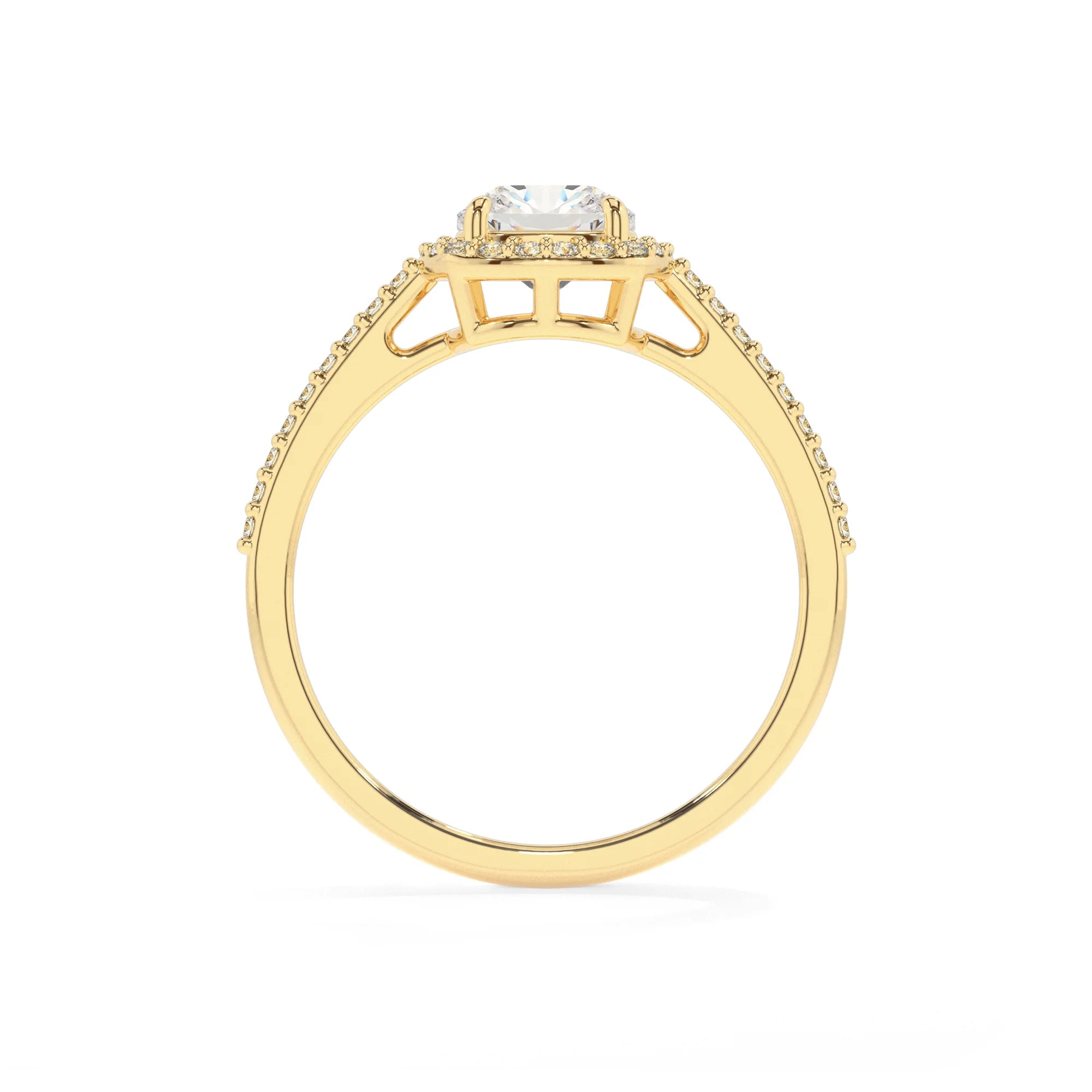 lab grown moissanite cushion solitaire rings in yellow gold