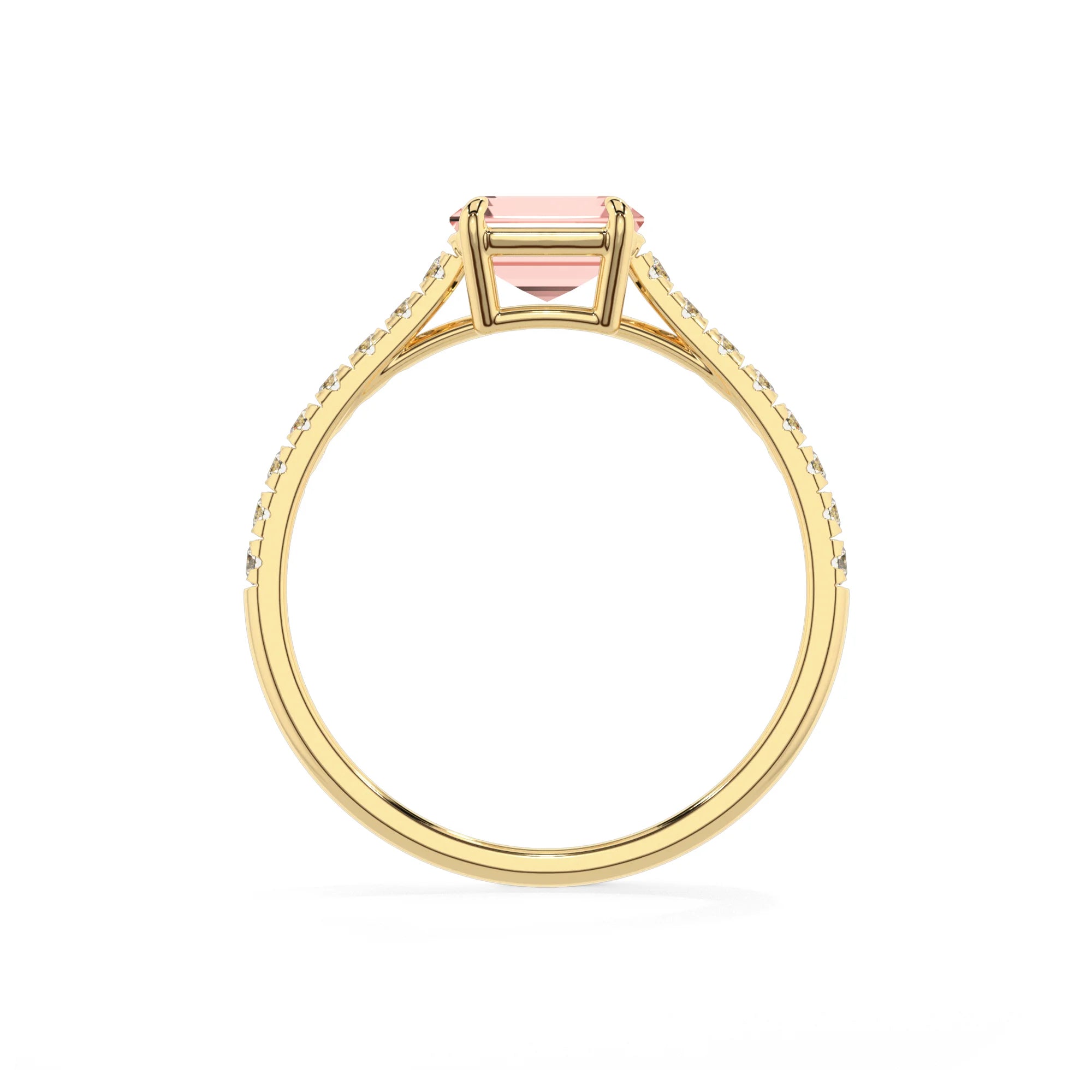 lab grown morganite emerald cut half eternity solitaire engagement rings in yellow gold