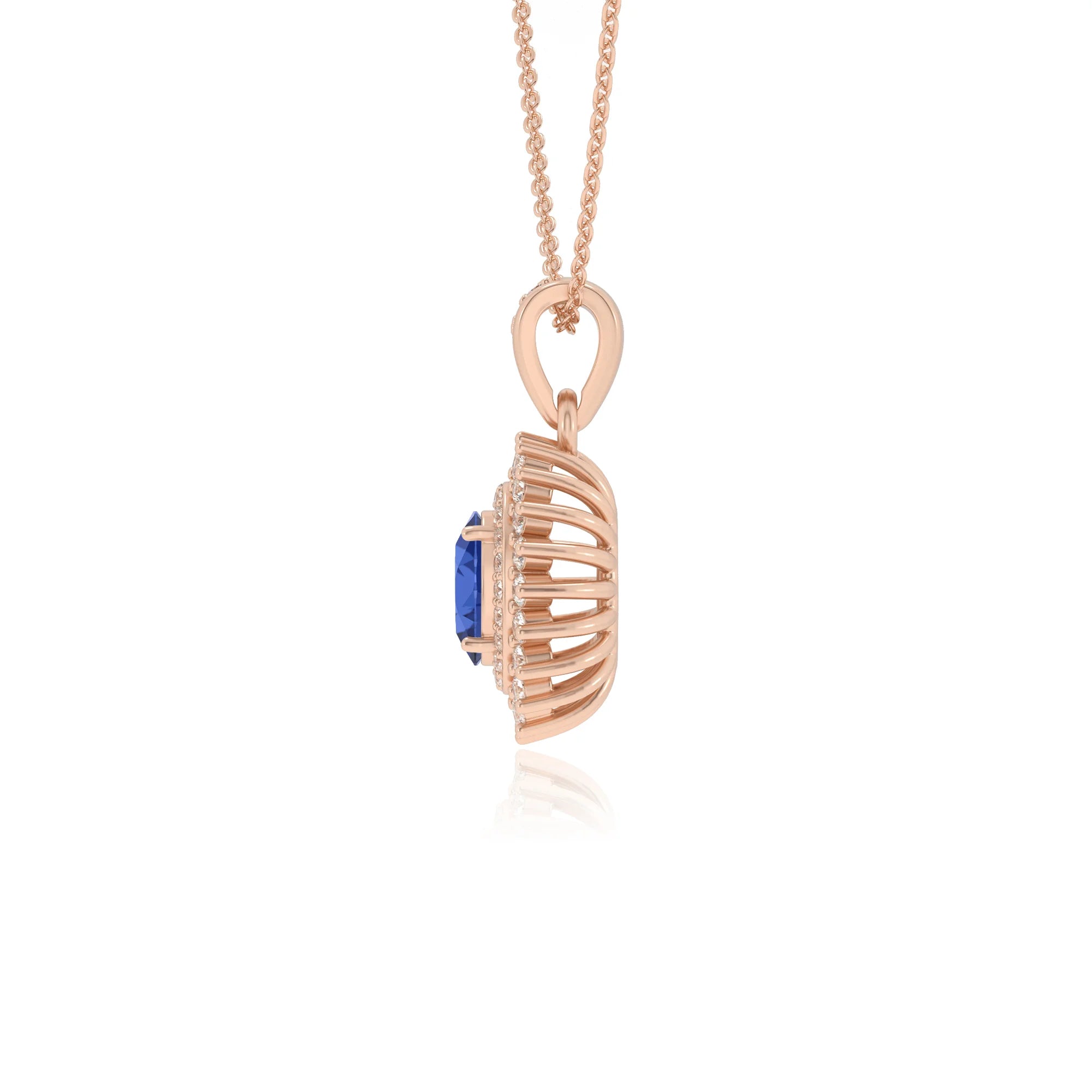 lab grown blue-sapphire oval halo necklaces in rose gold