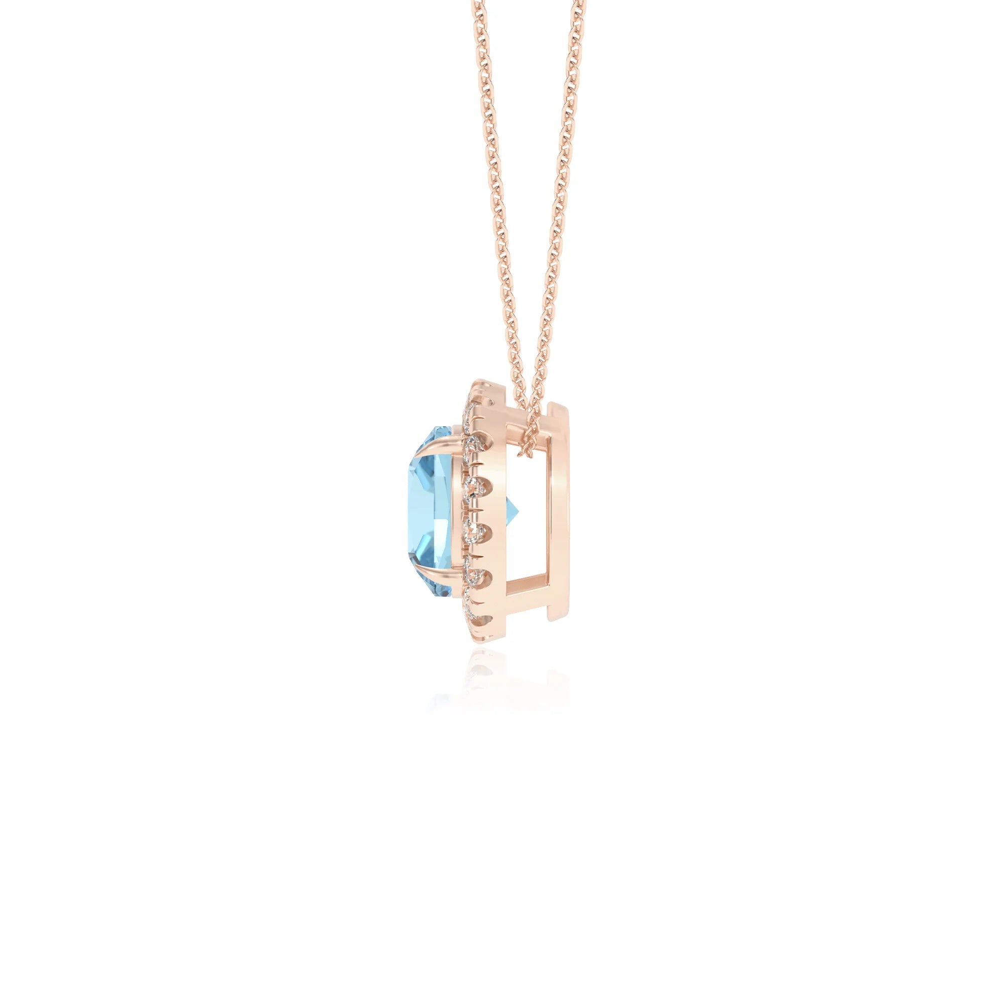 lab grown aquamarine cushion solitaire necklaces in rose gold