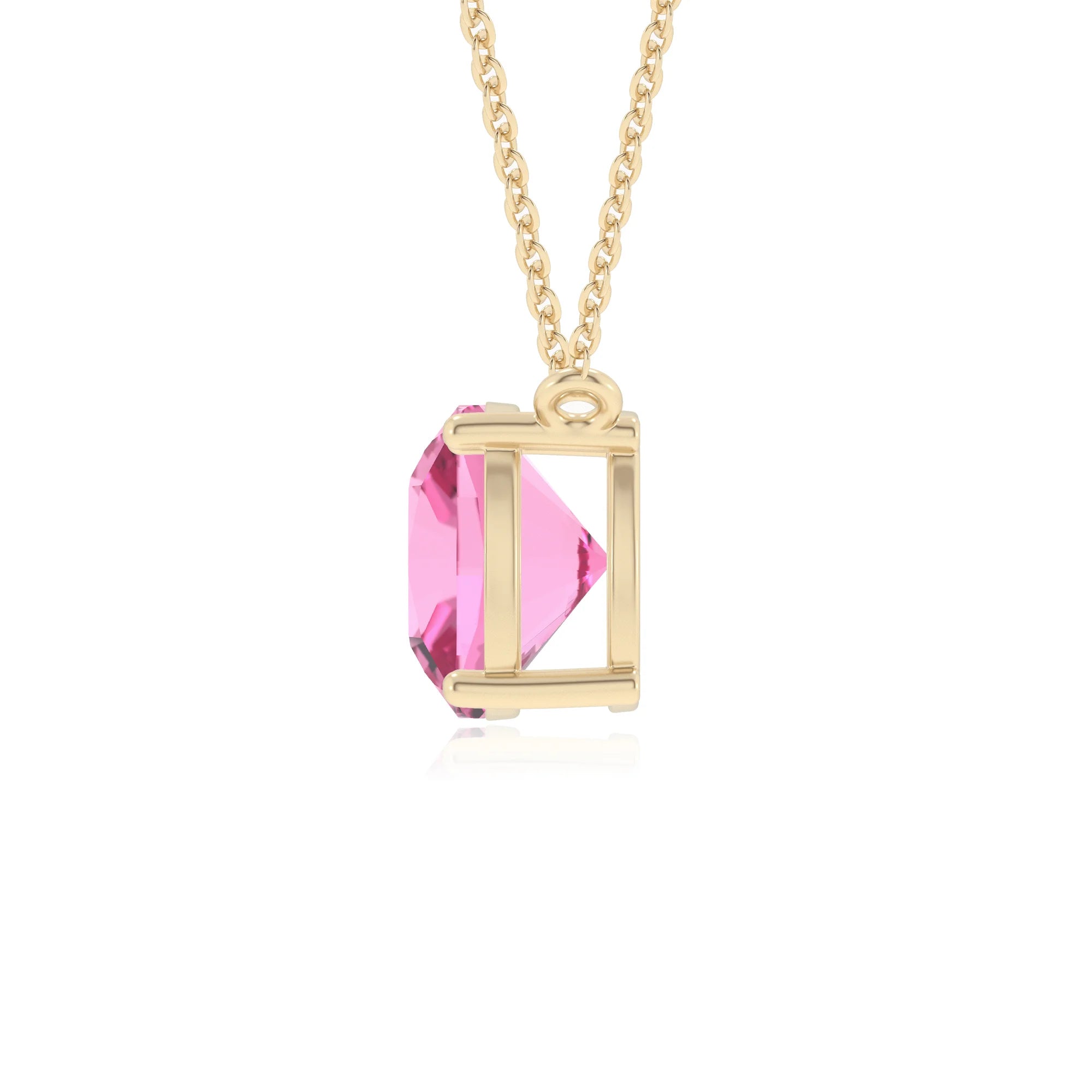 lab grown pink-sapphire cushion solitaire necklaces in yellow gold