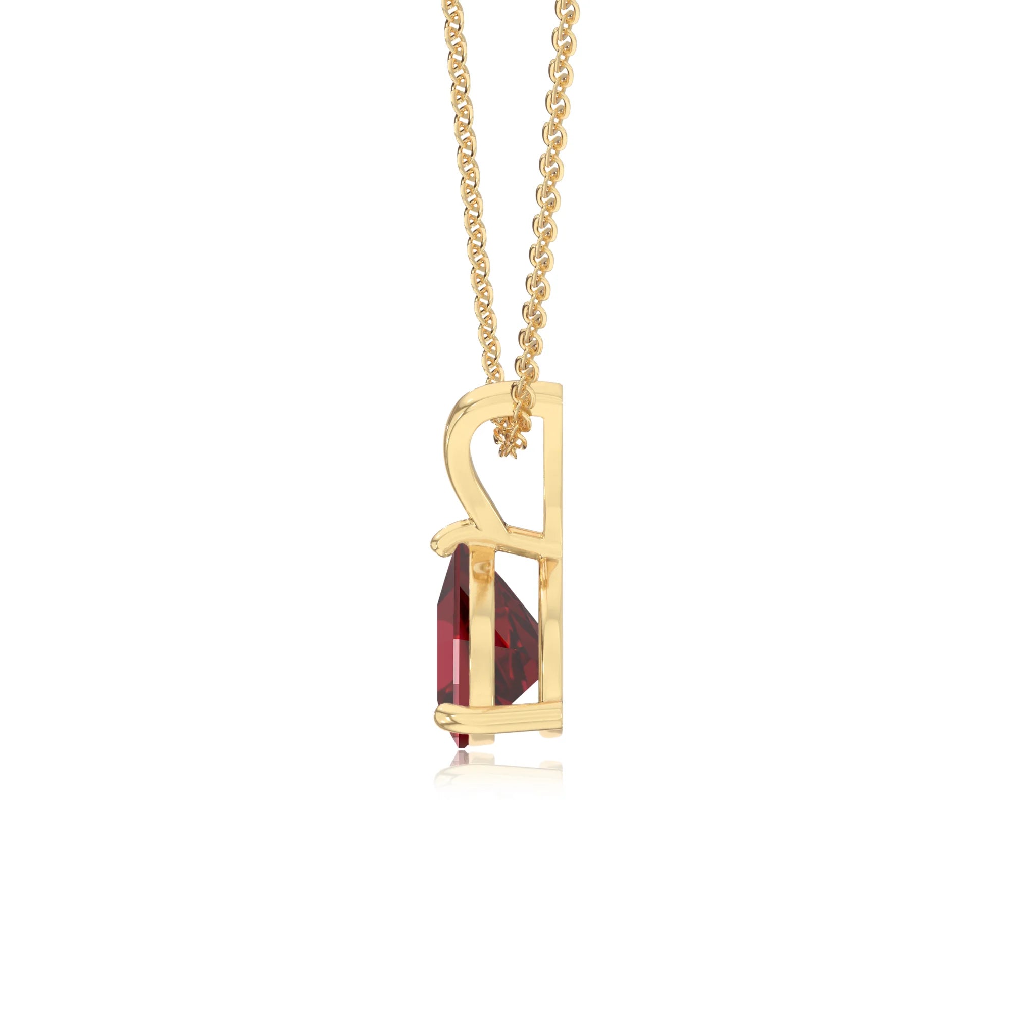 lab grown ruby trillion solitaire v-bale necklaces in yellow gold
