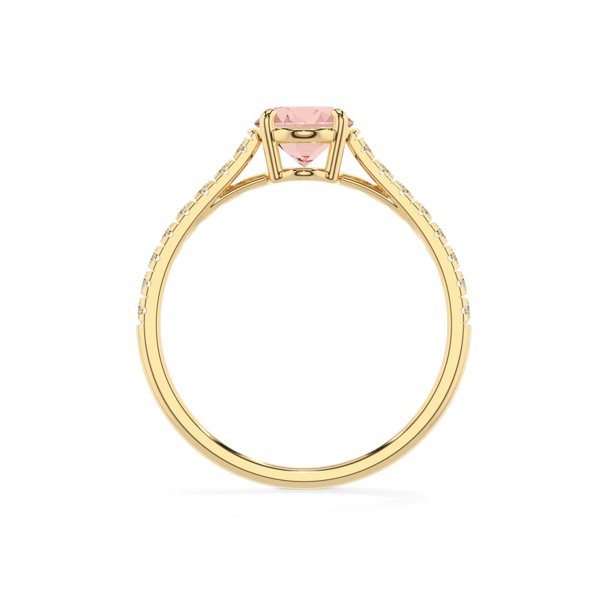 lab grown morganite oval half eternity solitaire engagement rings in yellow gold